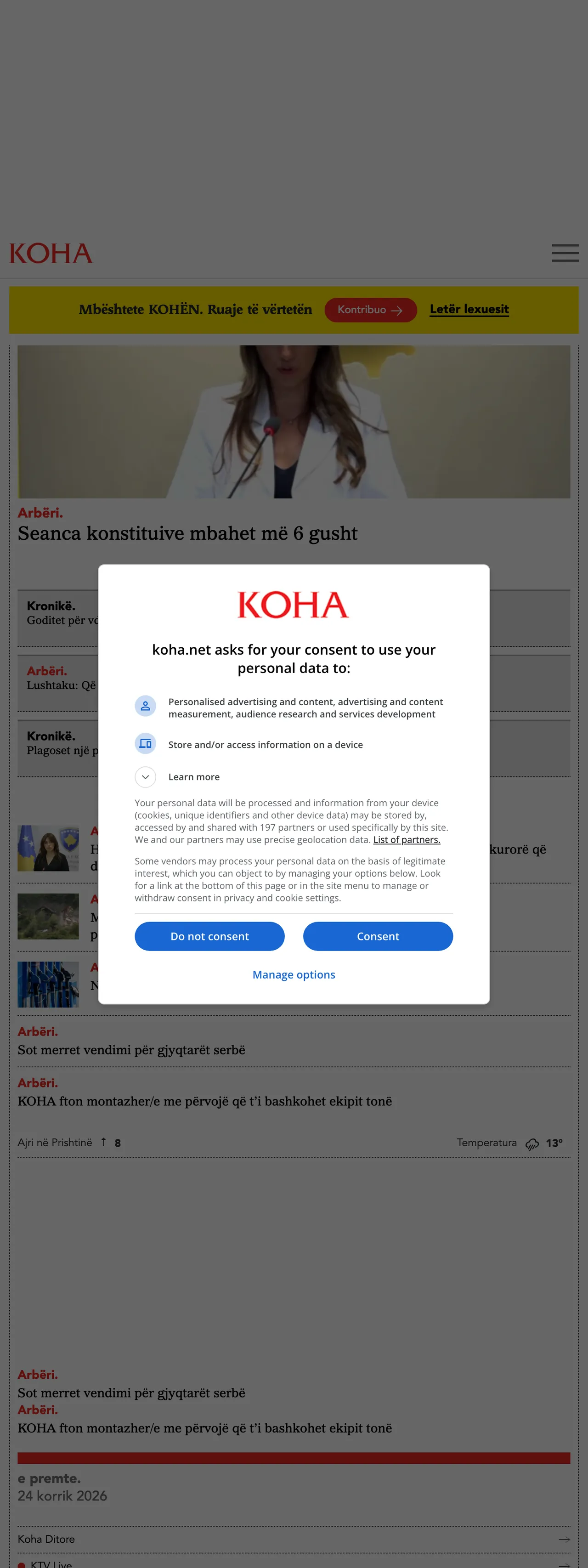 Screenshot of the Koha Ditore front page