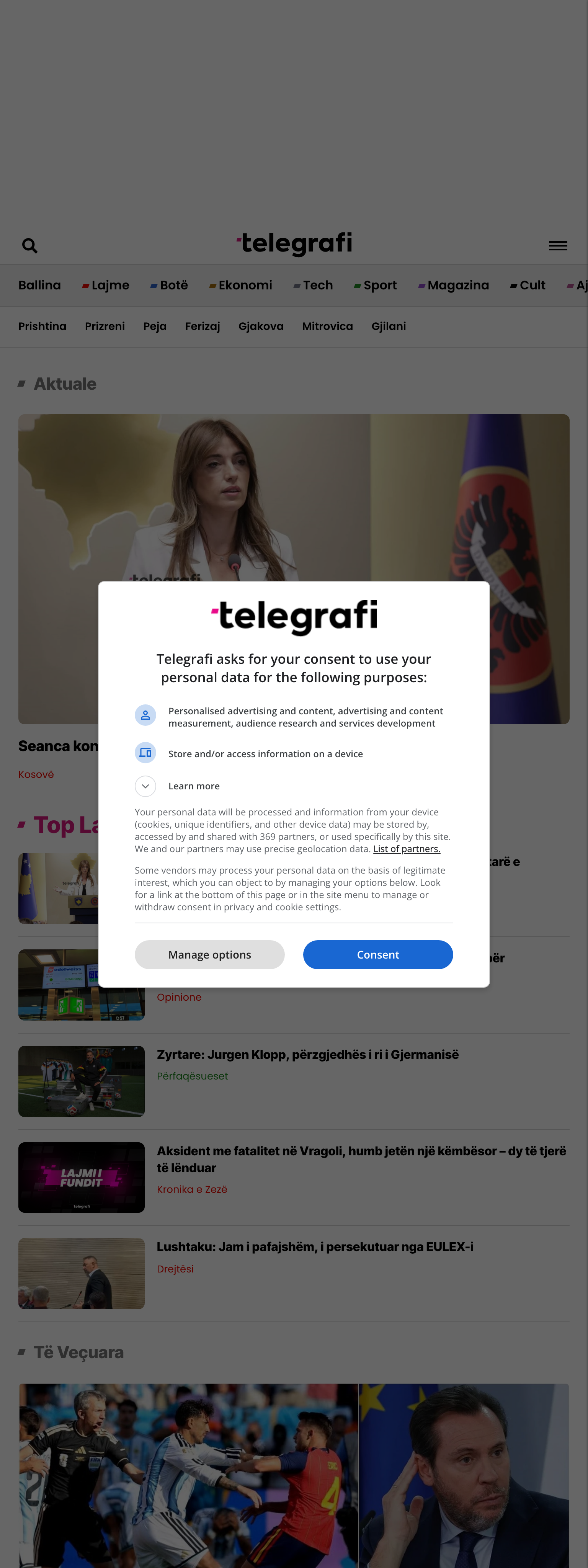 Screenshot of the Telegrafi front page