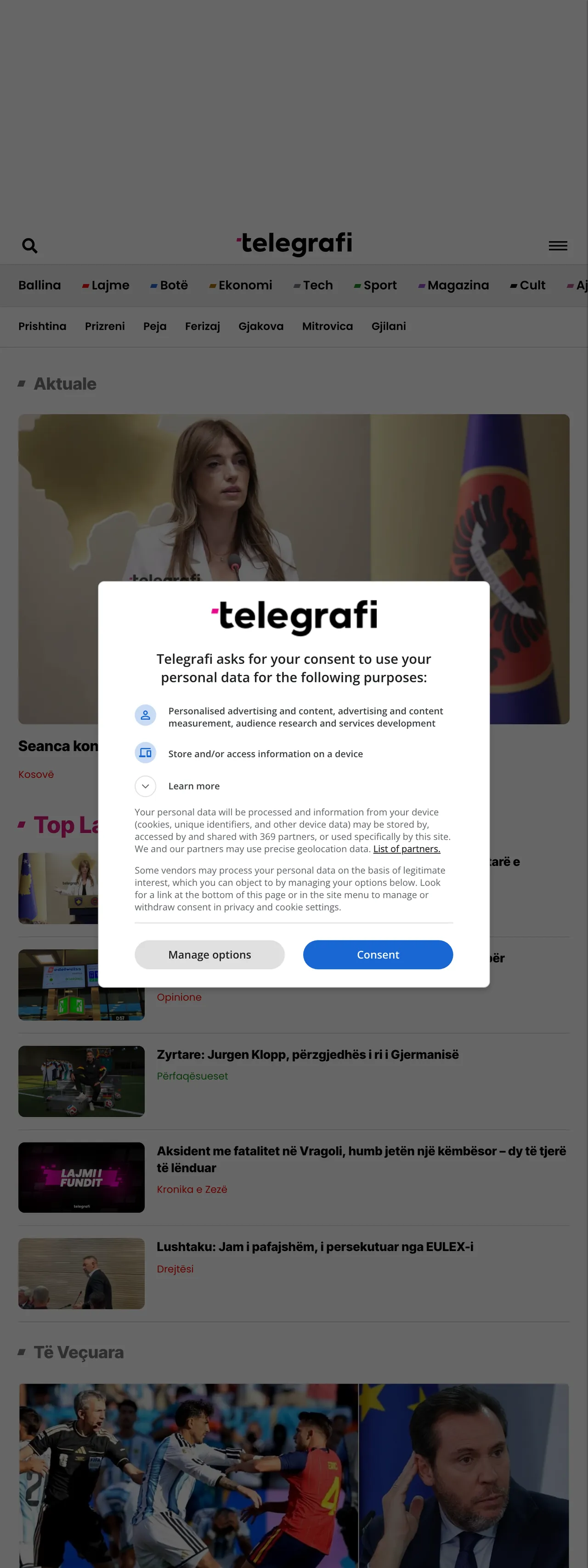 Screenshot of the Telegrafi front page