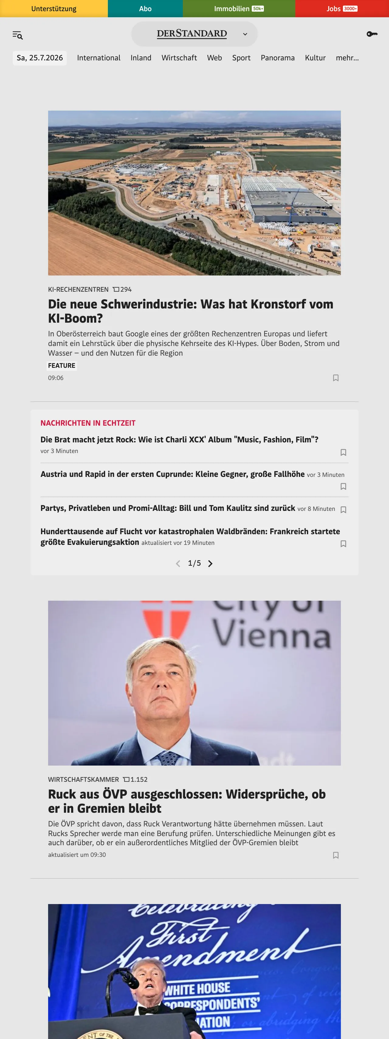 Screenshot of the DER STANDARD front page