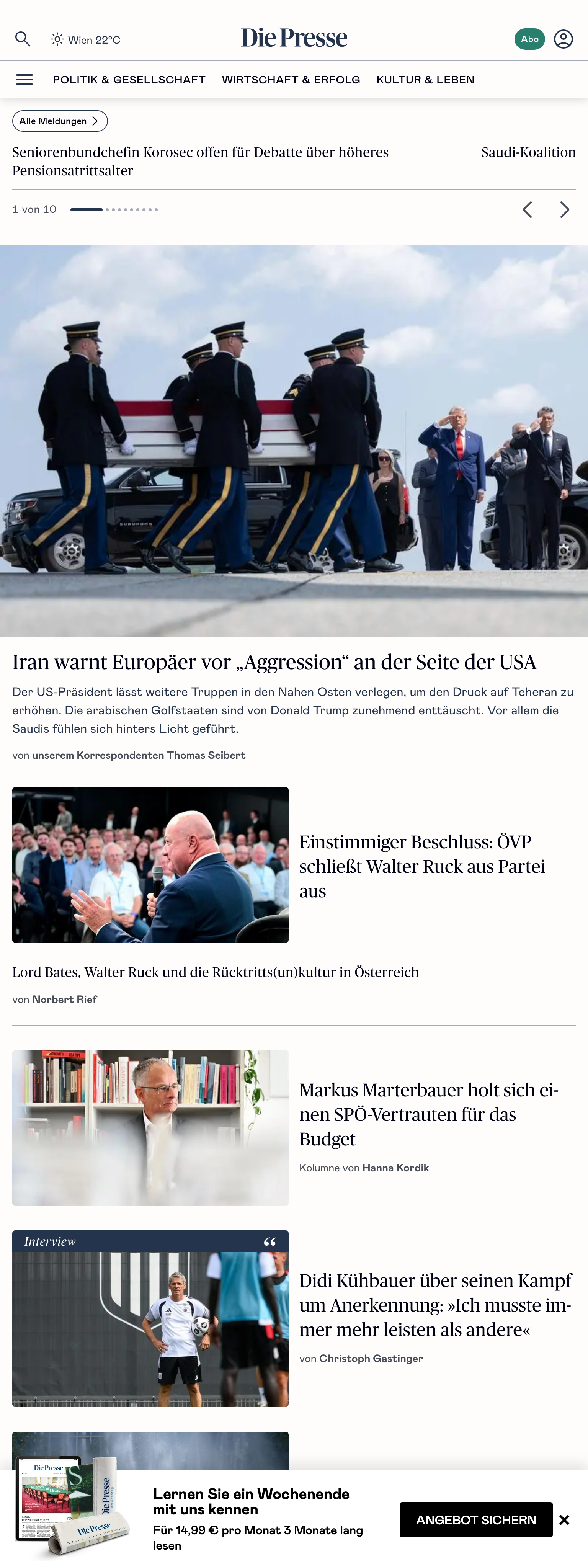 Screenshot of the Die Presse front page