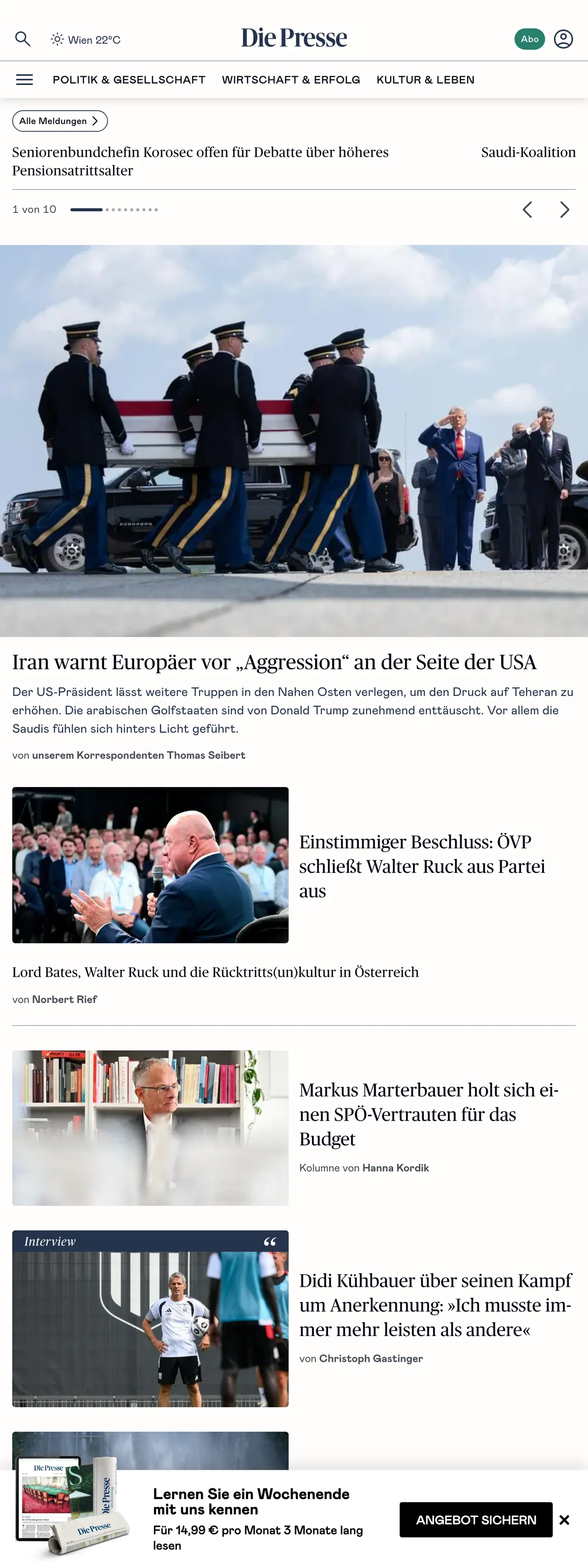 Screenshot of the Die Presse front page