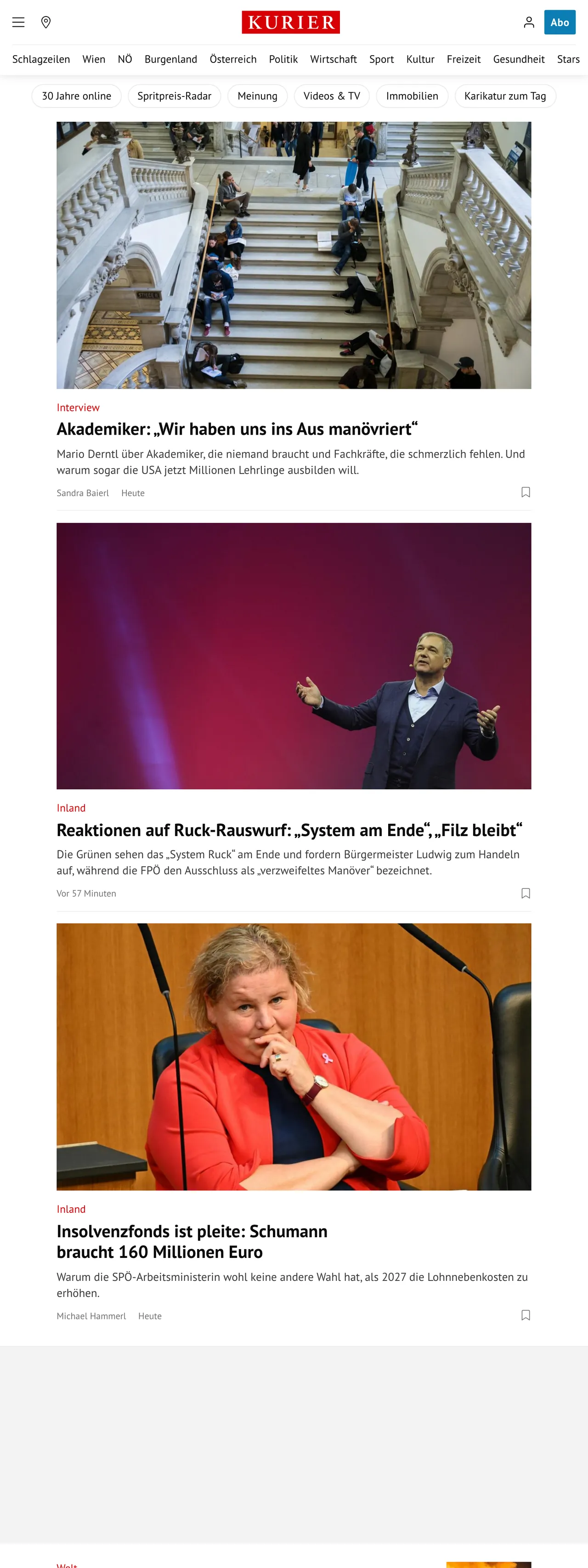 Screenshot of the Kurier front page
