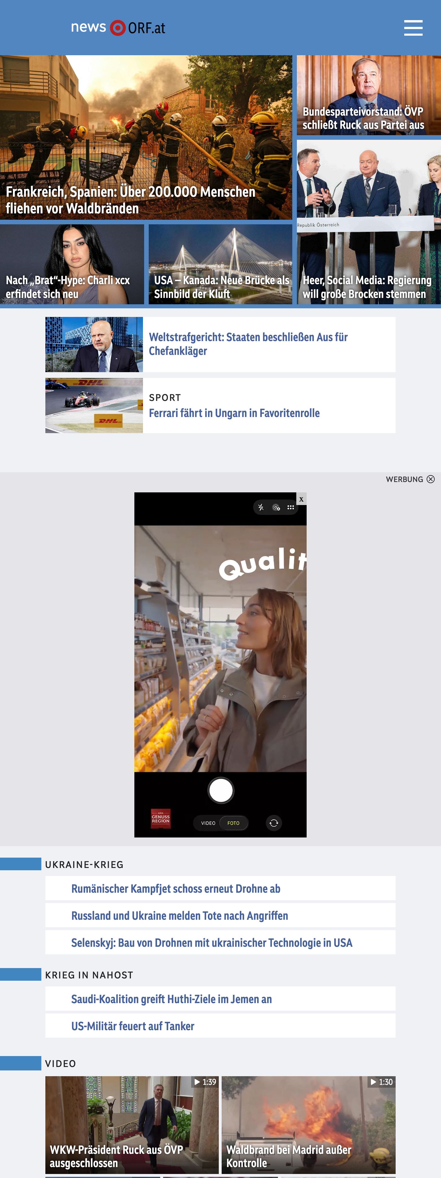Screenshot of the ORF front page