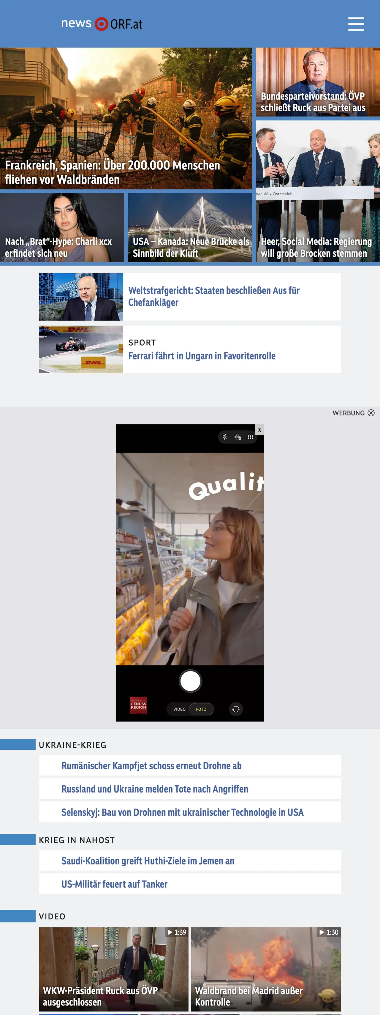 Screenshot of the ORF front page