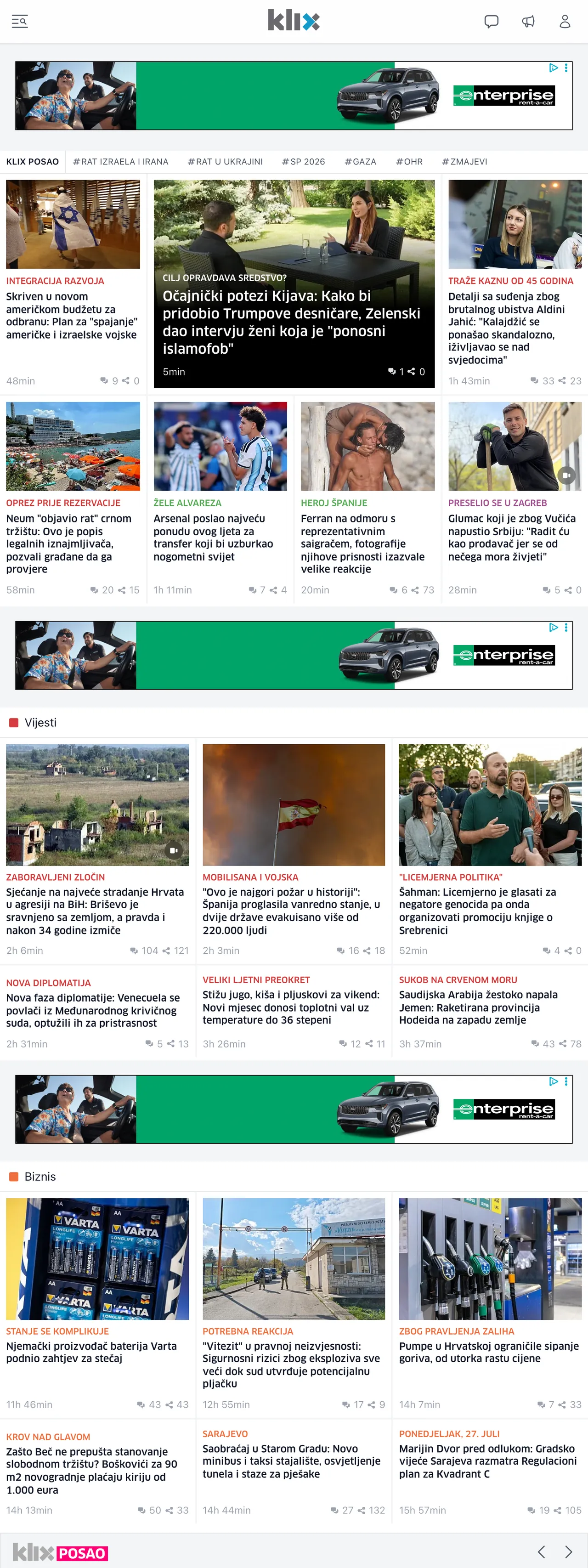 Screenshot of the Klix.ba front page