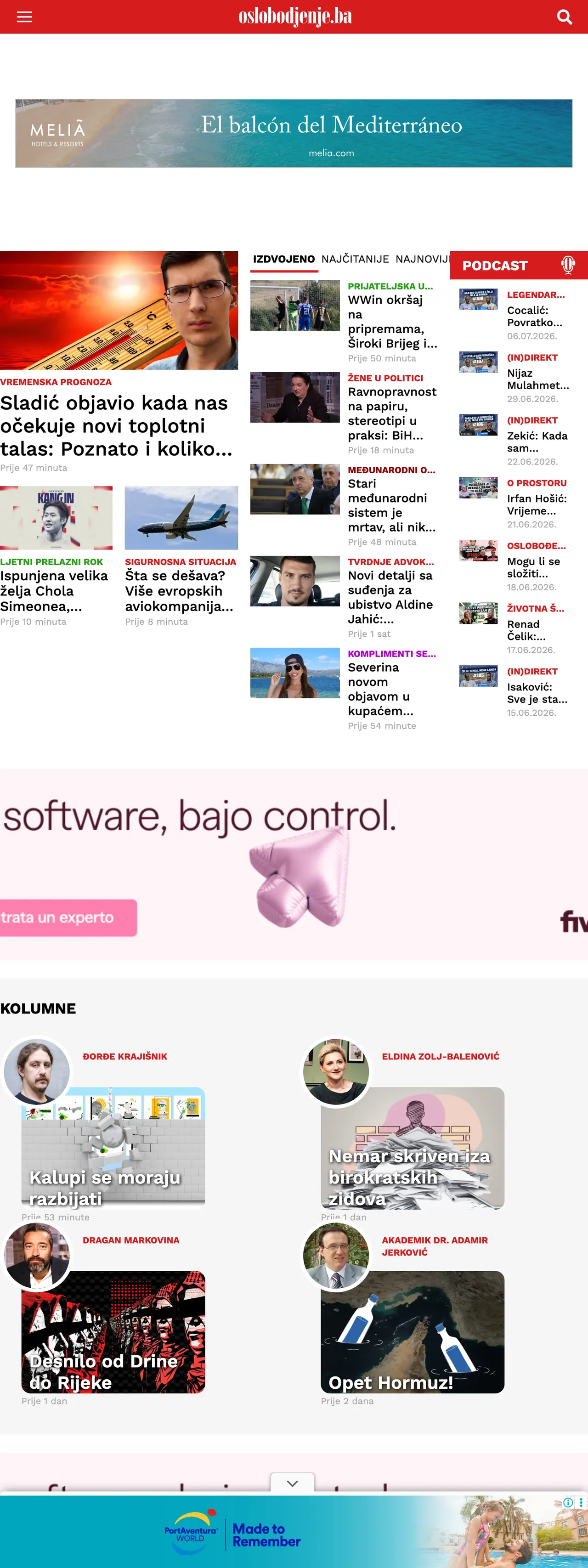 Screenshot of the Oslobođenje front page