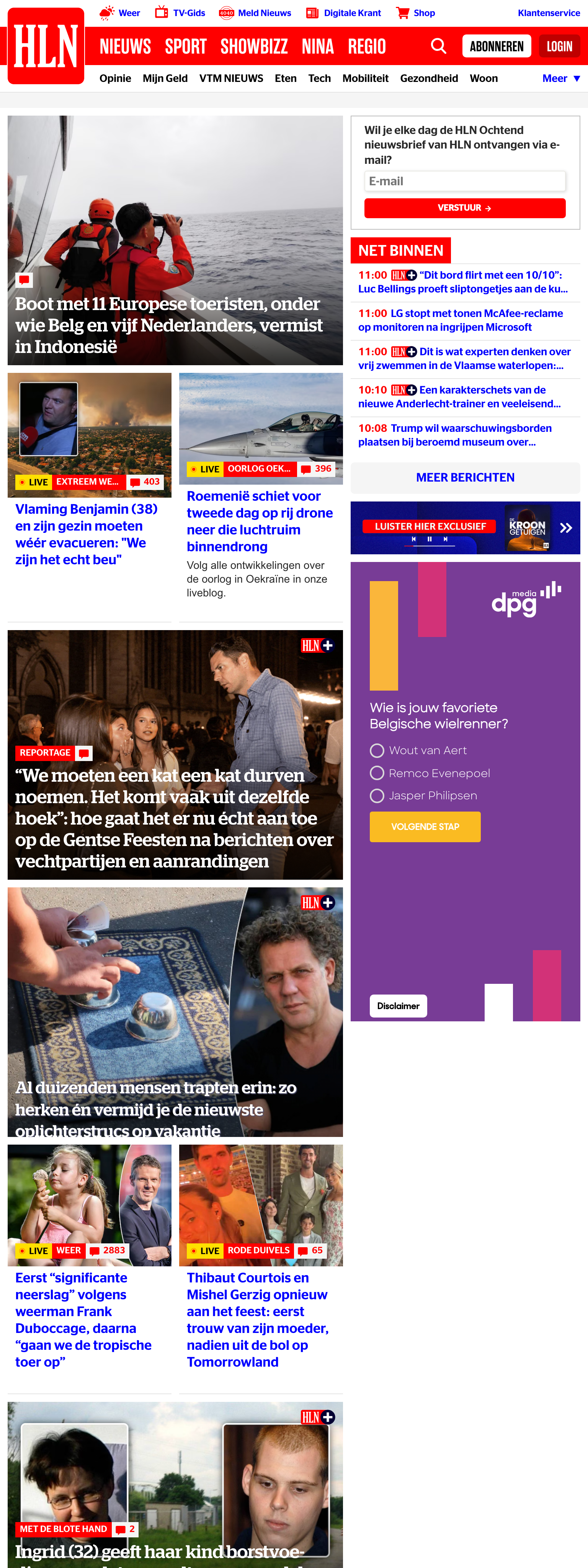 Screenshot of the HLN front page