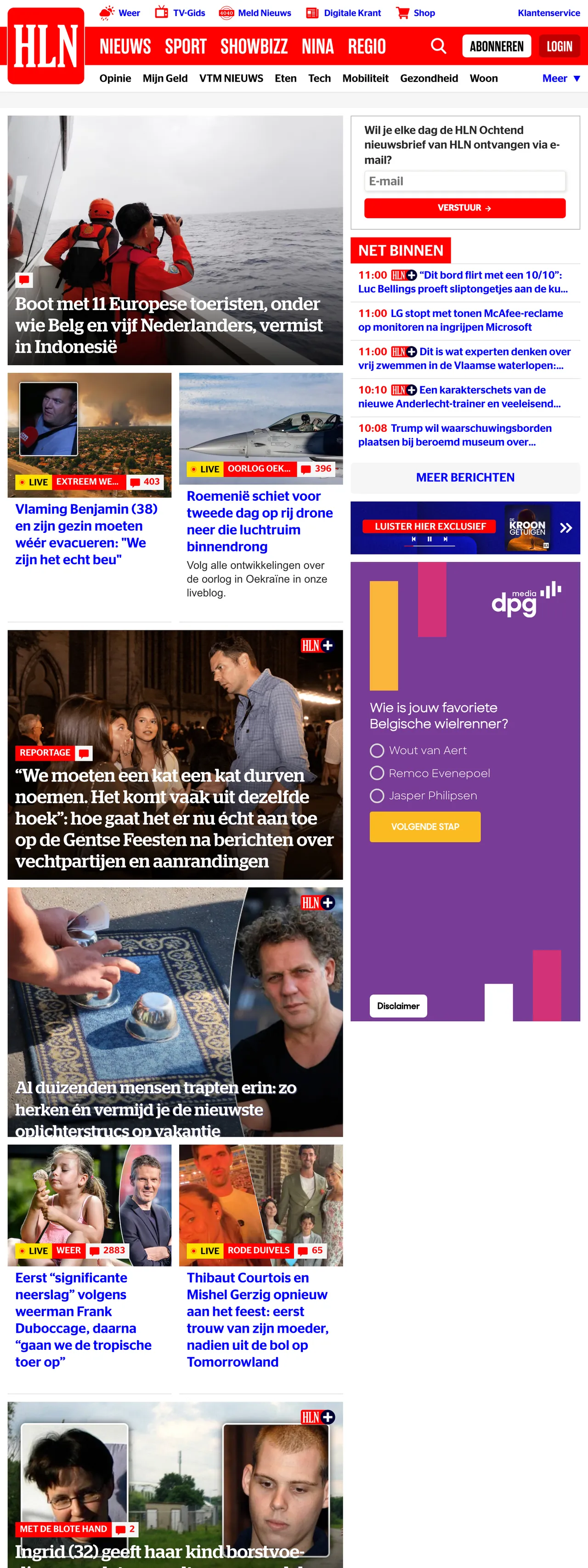 Screenshot of the HLN front page