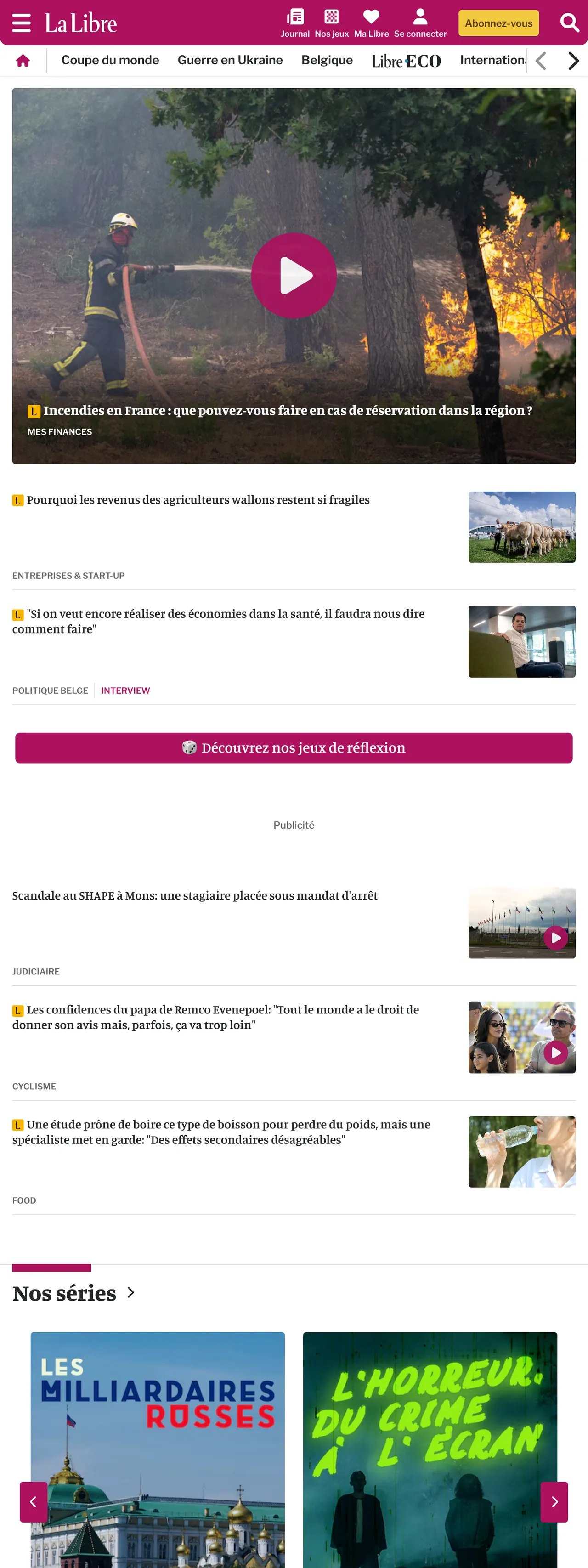 Screenshot of the La Libre front page