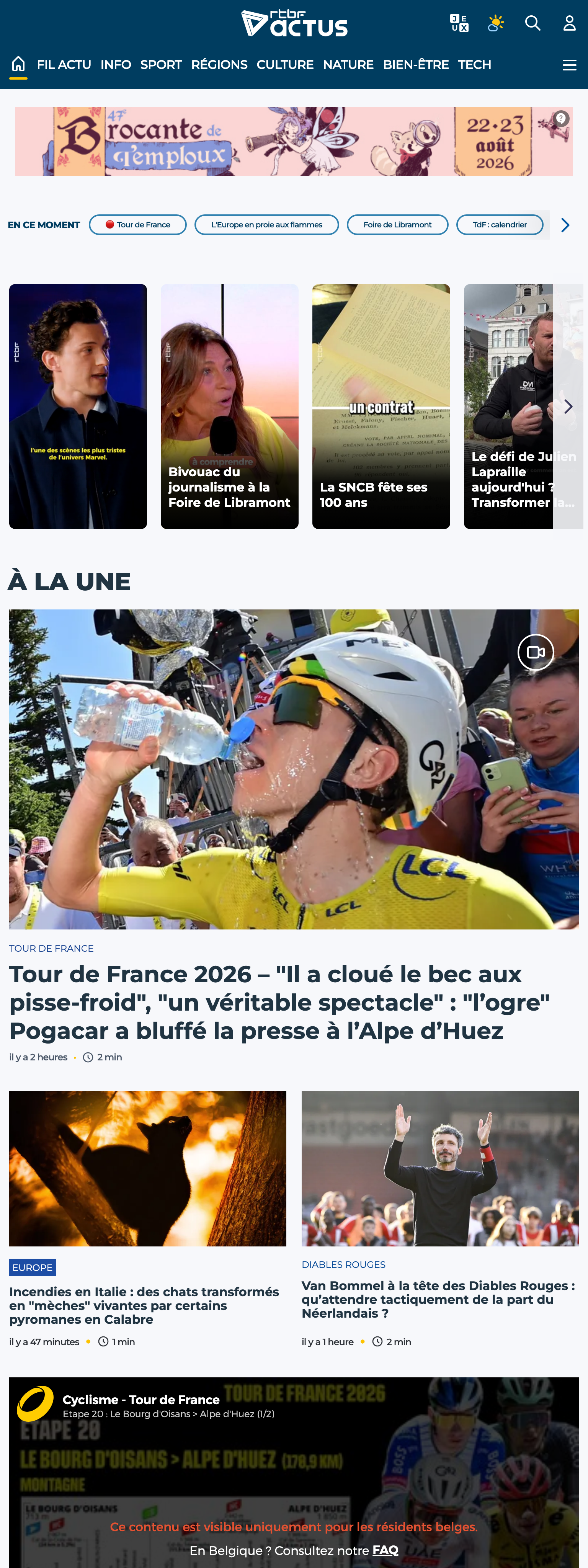 Screenshot of the RTBF front page