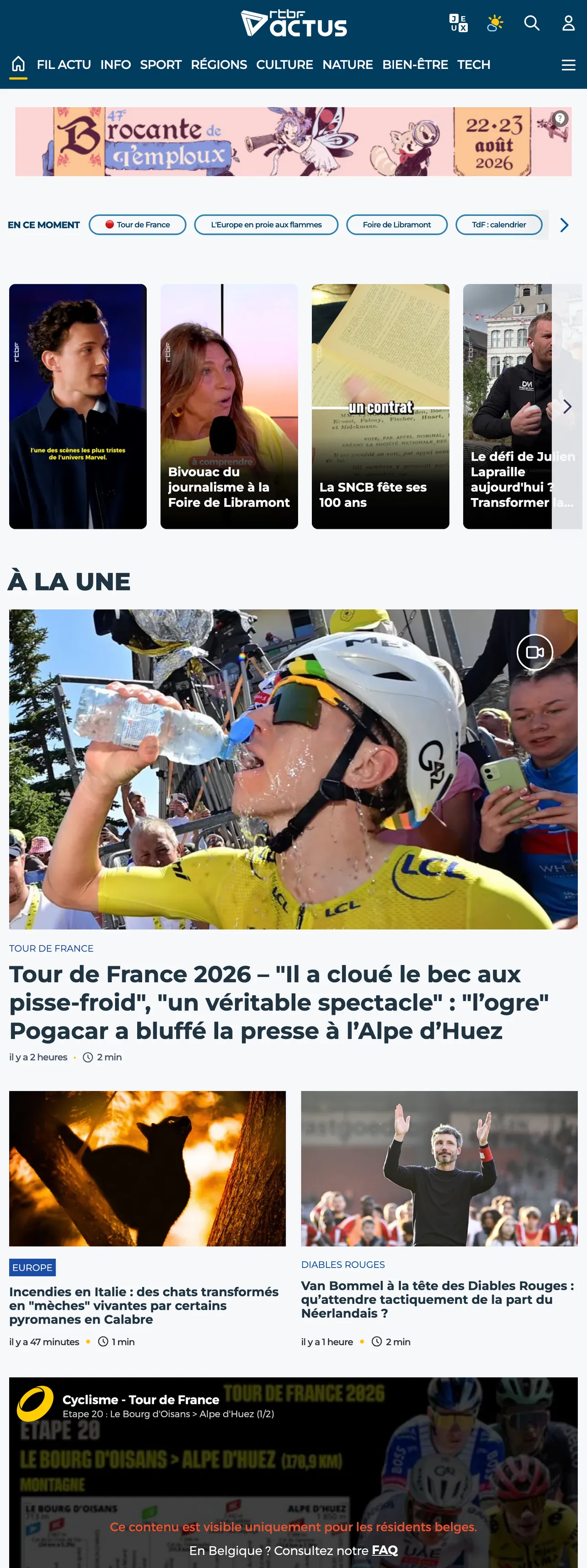 Screenshot of the RTBF front page