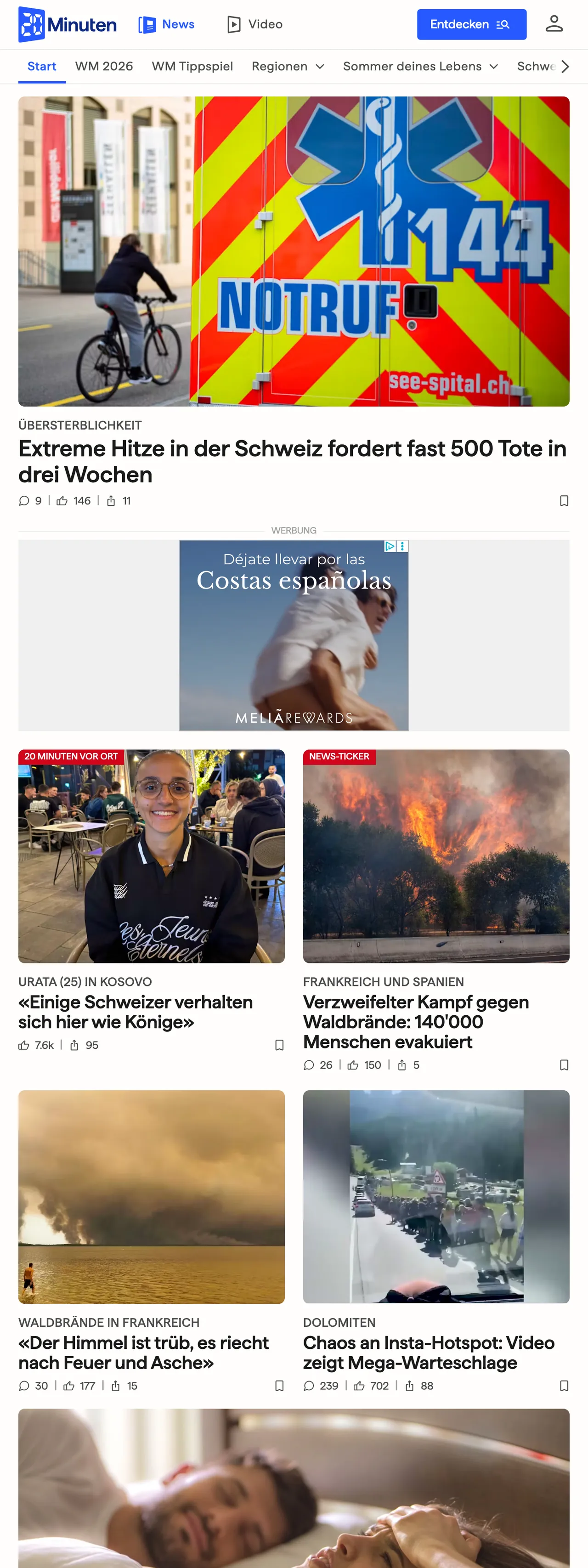 Screenshot of the 20 Minuten front page