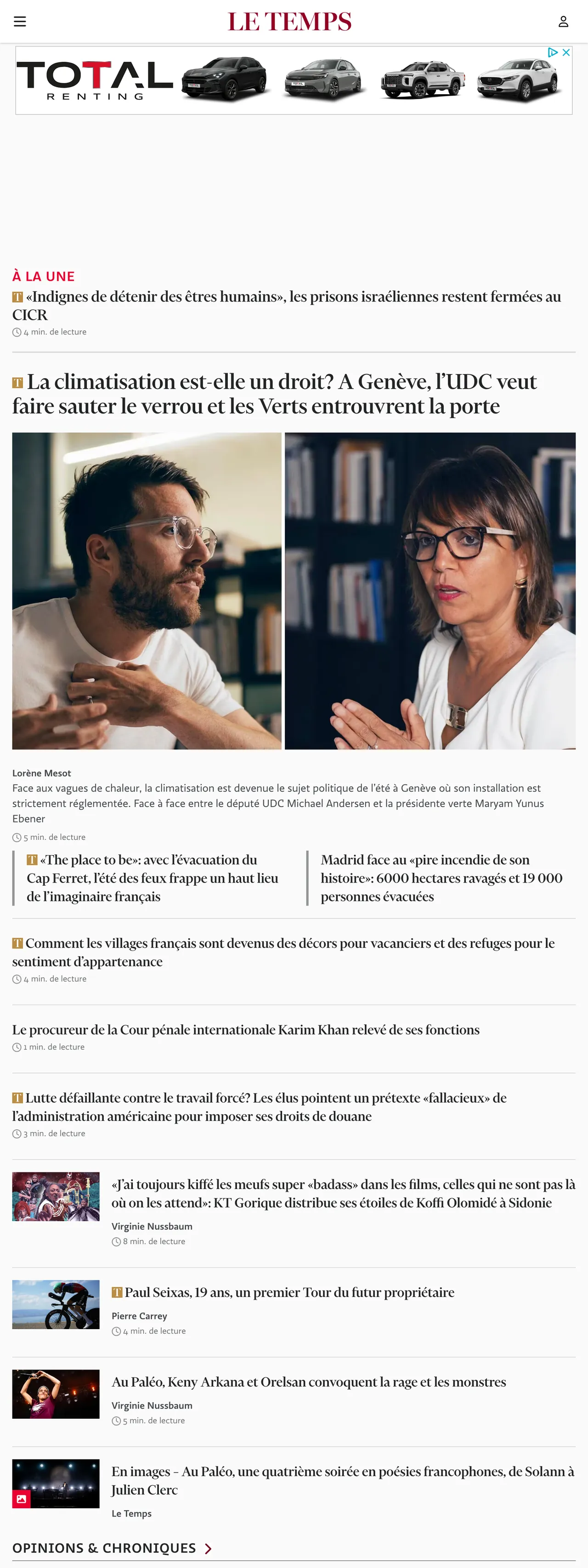 Screenshot of the Le Temps front page