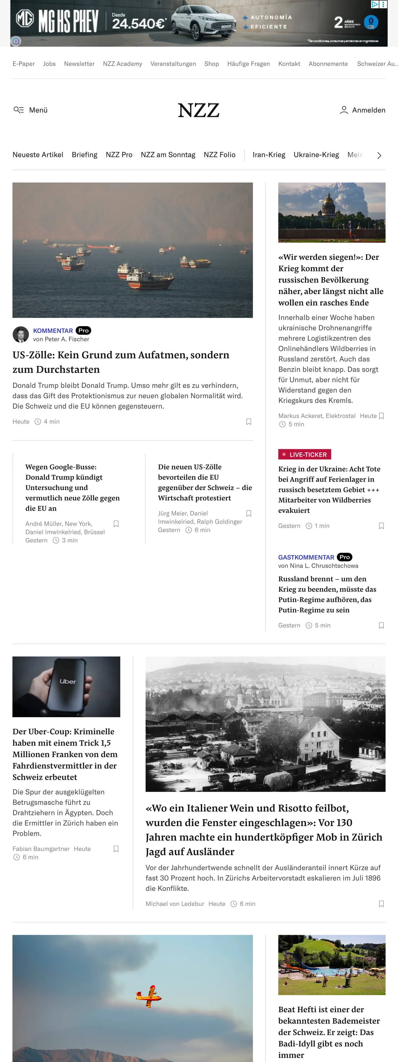 Screenshot of the Neue Zürcher Zeitung front page