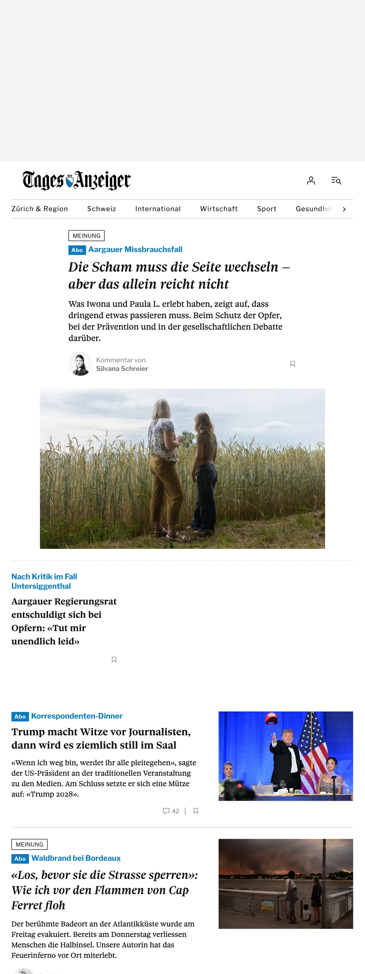 Screenshot of the Tages-Anzeiger front page