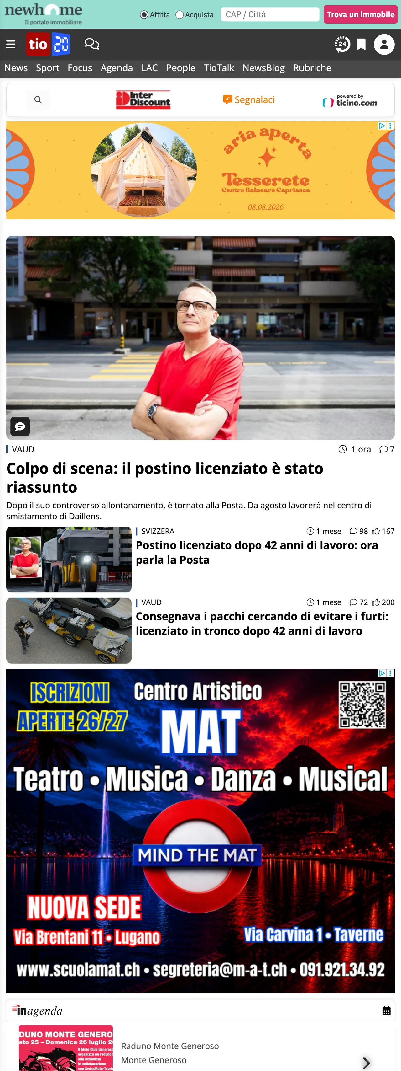 Screenshot of the Ticinonline front page