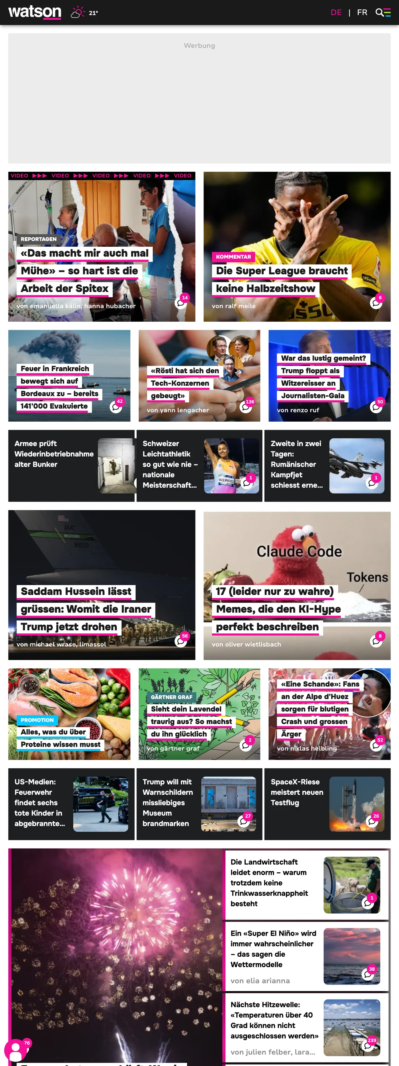 Screenshot of the watson front page