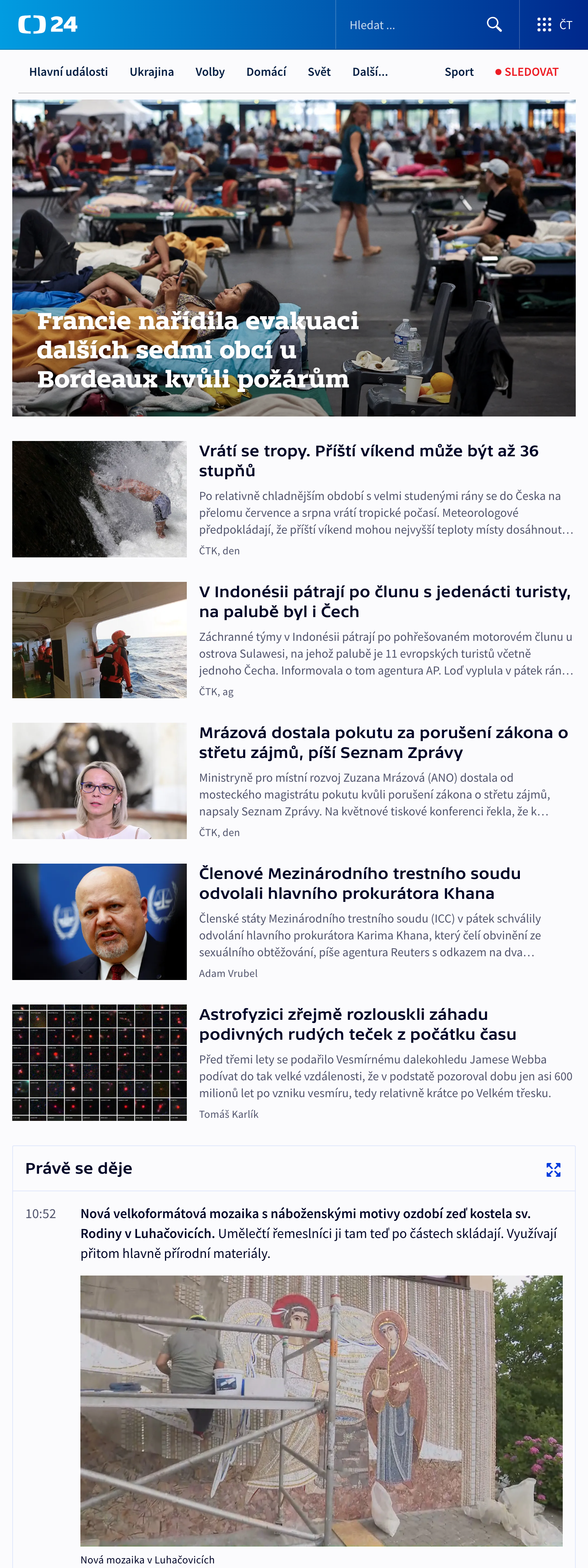 Screenshot of the ČT24 front page