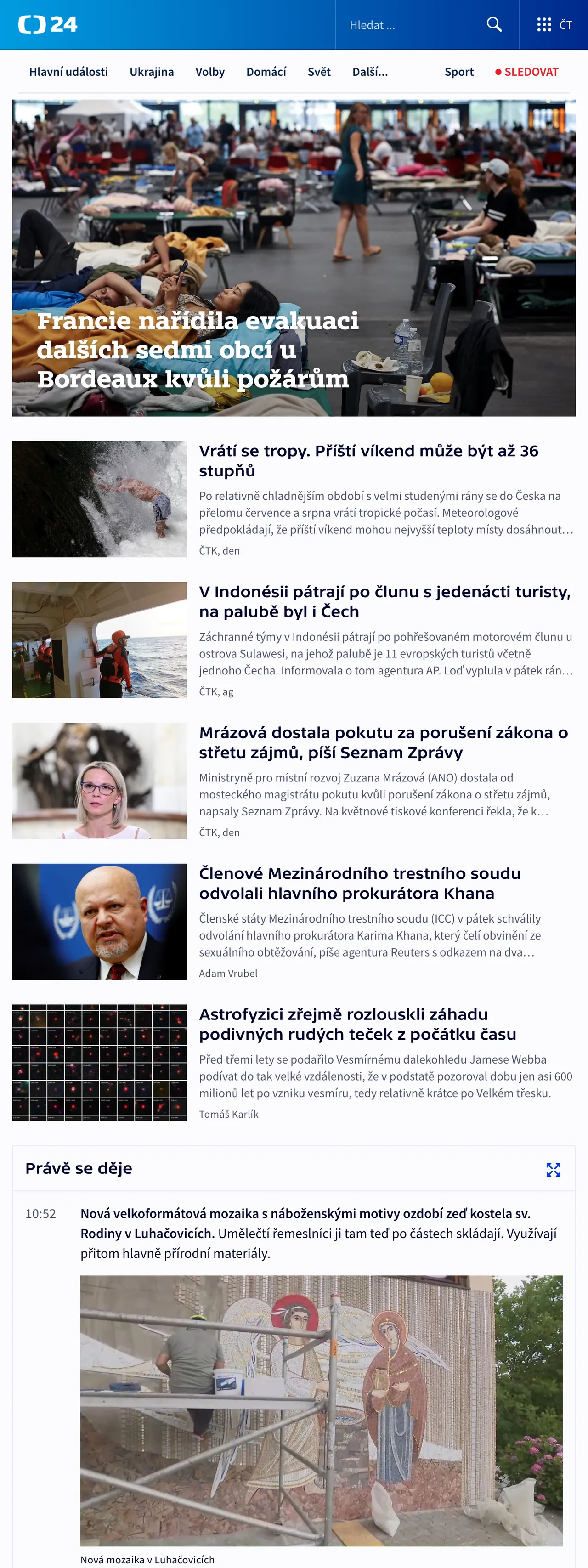 Screenshot of the ČT24 front page