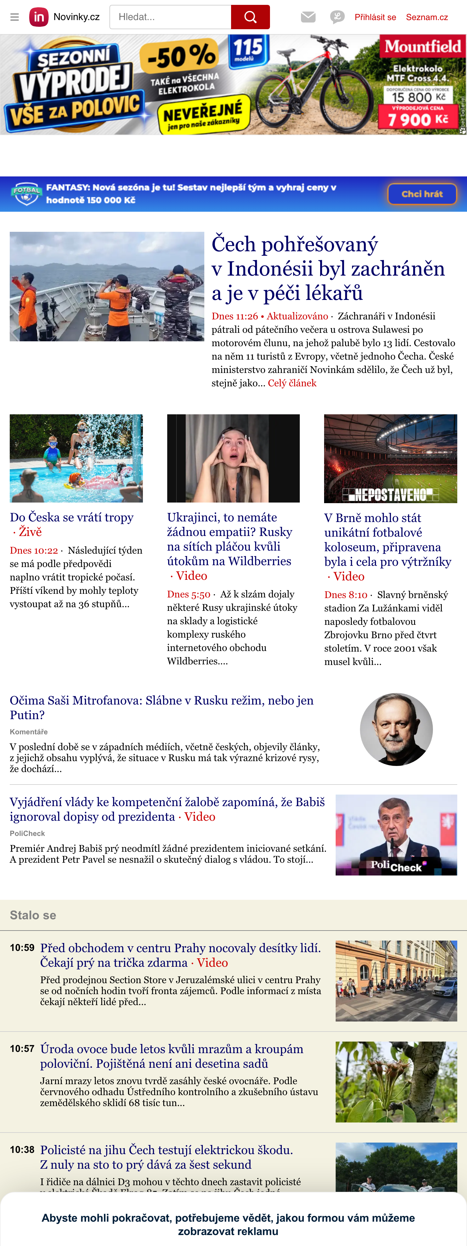 Screenshot of the Novinky.cz front page