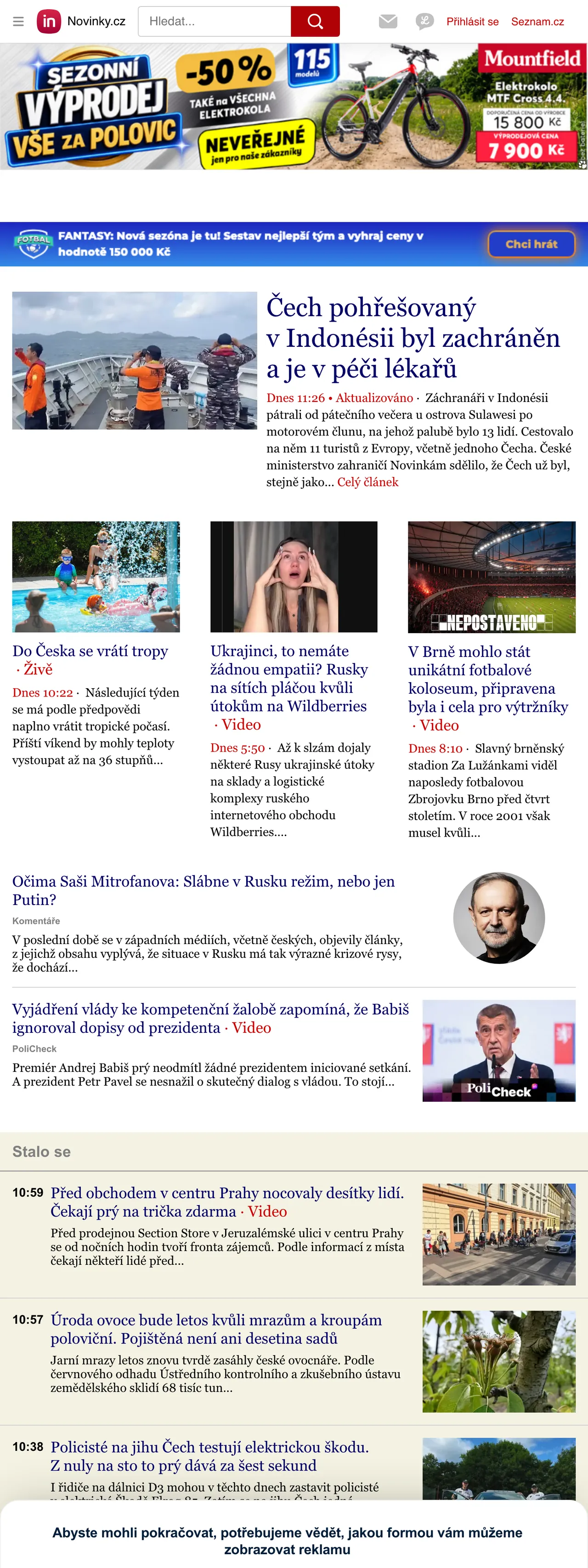 Screenshot of the Novinky.cz front page