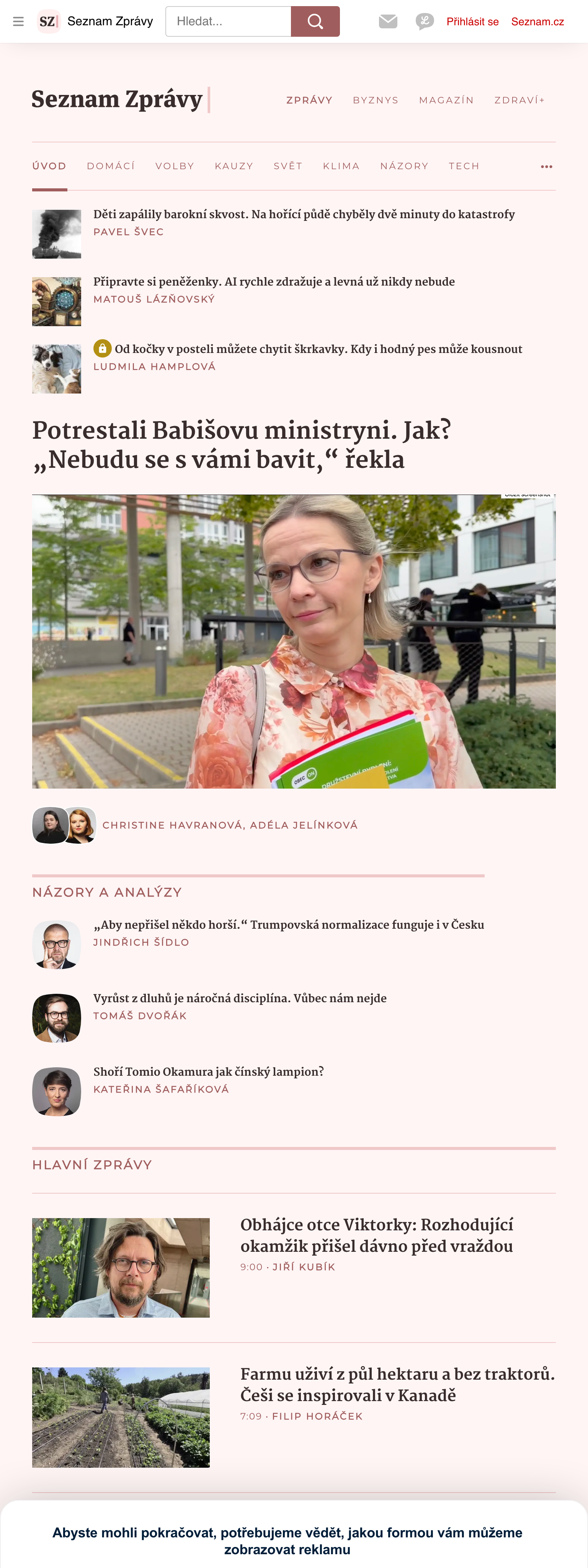 Screenshot of the Seznam Zprávy front page