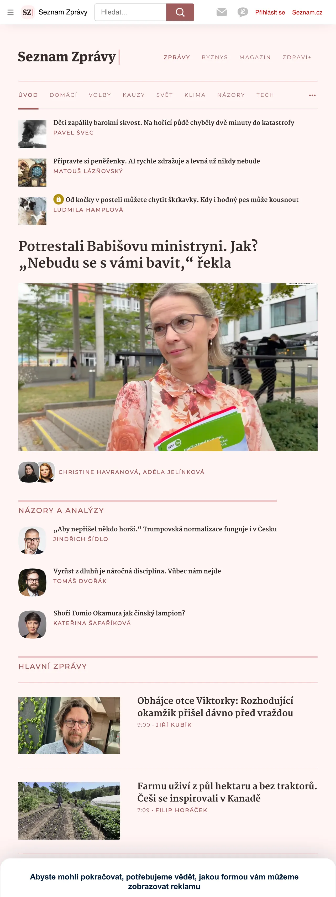 Screenshot of the Seznam Zprávy front page