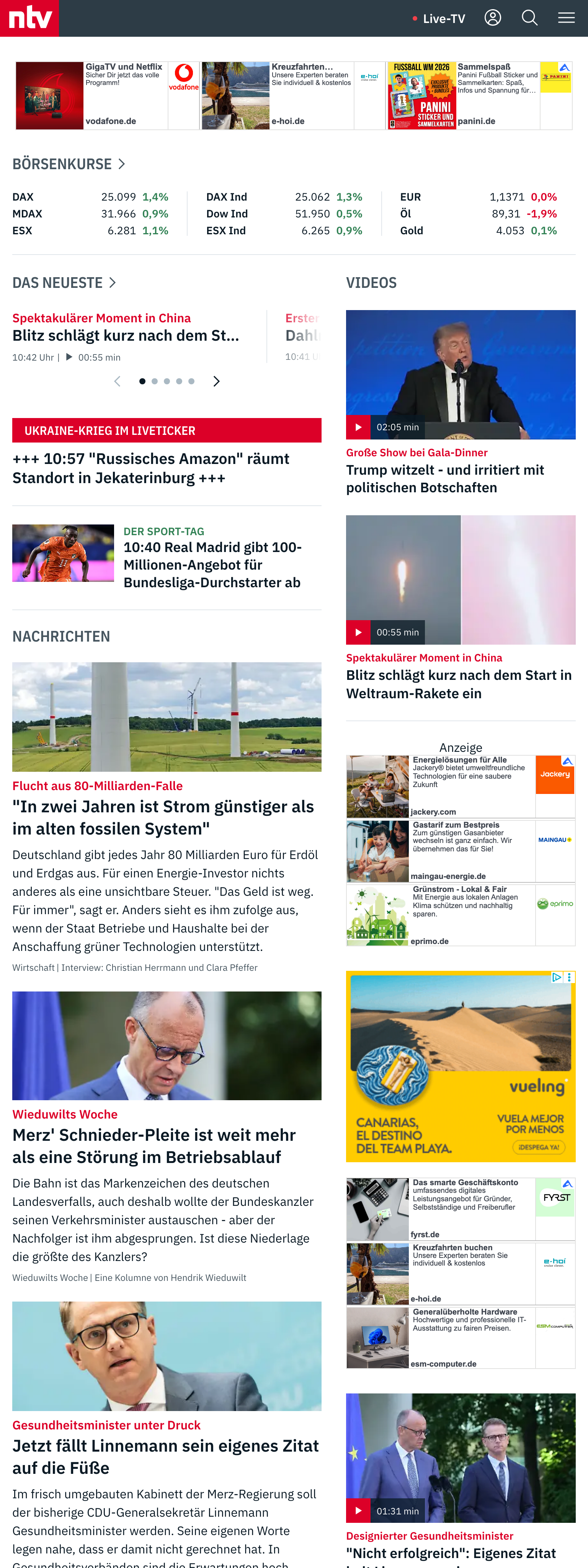 Screenshot of the n-tv front page