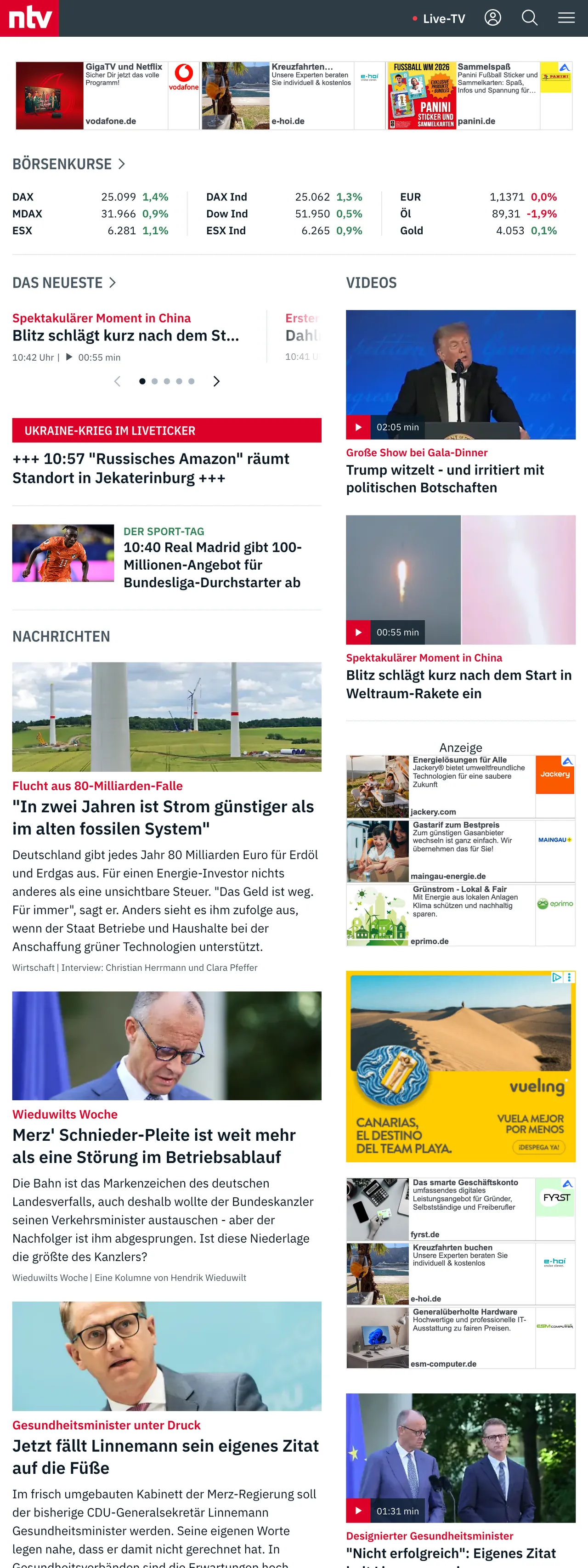 Screenshot of the n-tv front page