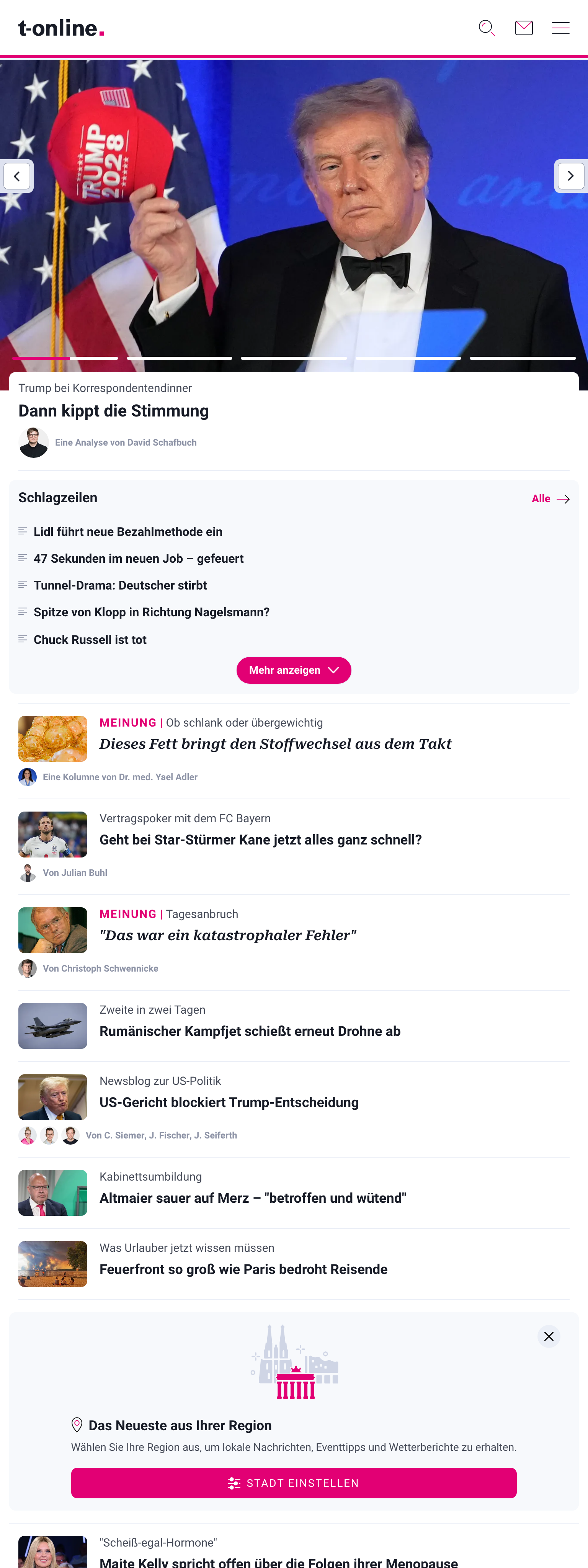 Screenshot of the t-online front page