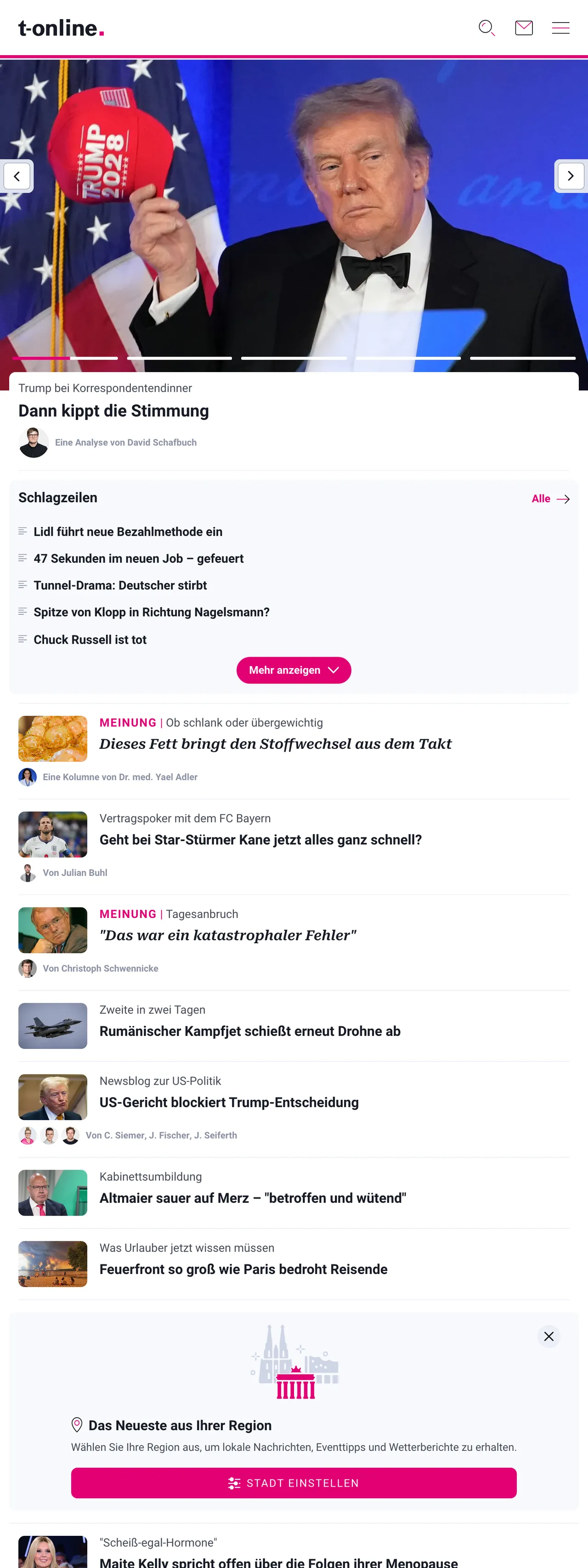 Screenshot of the t-online front page