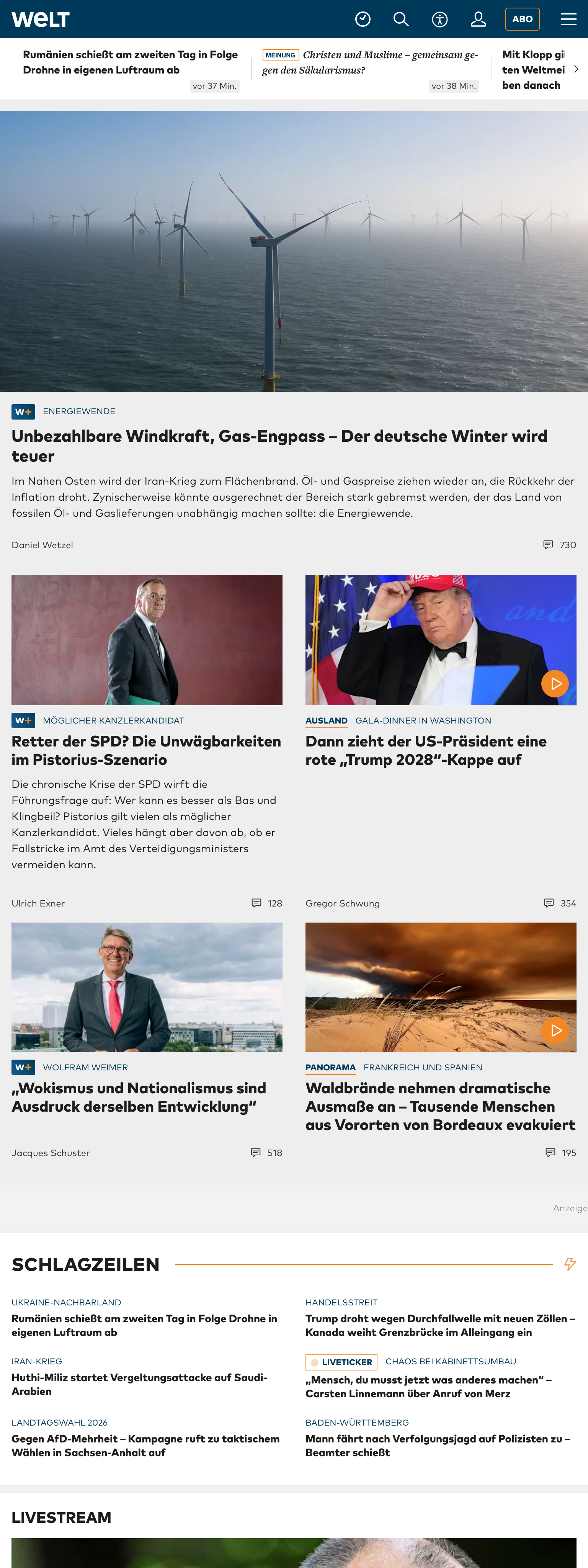 Screenshot of the WELT front page