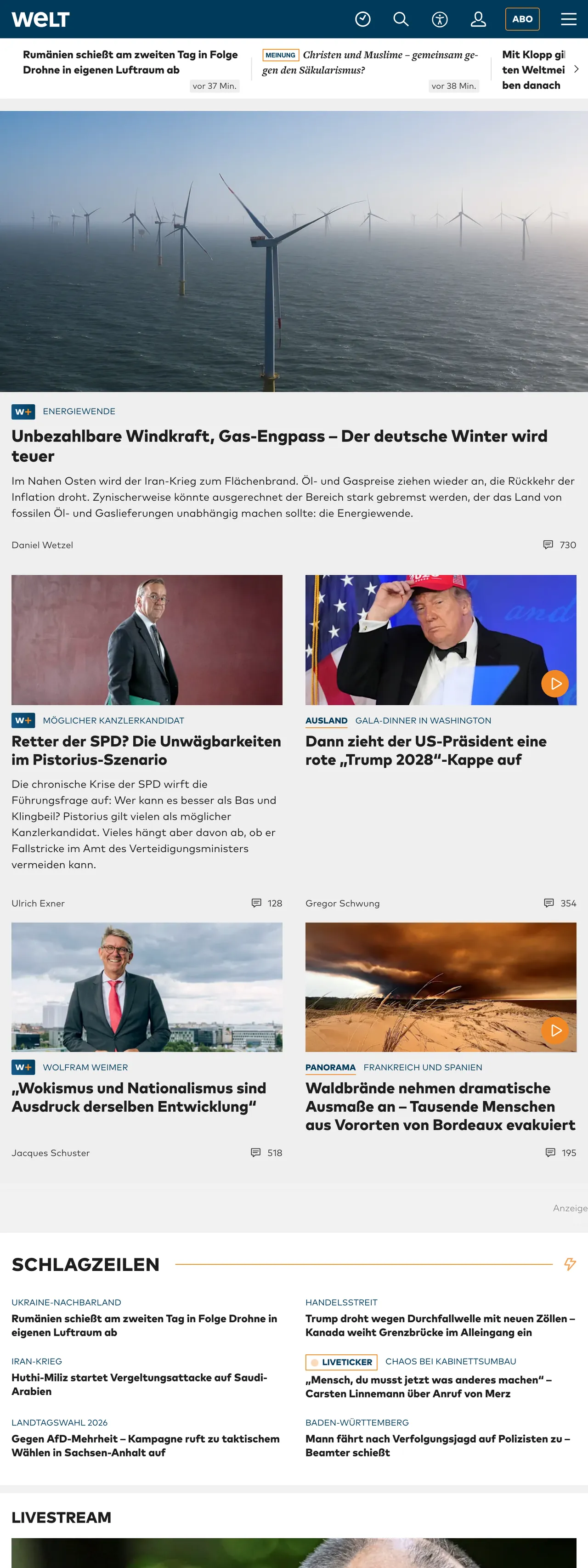 Screenshot of the WELT front page
