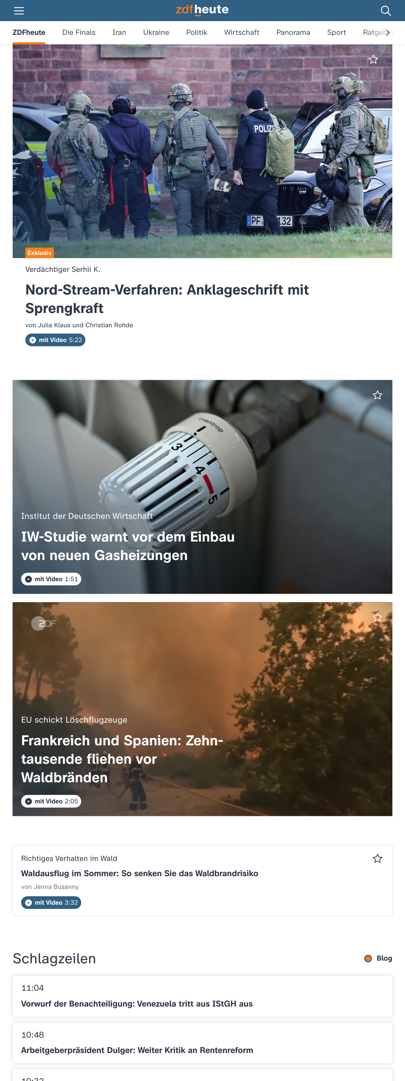 Screenshot of the ZDFheute front page