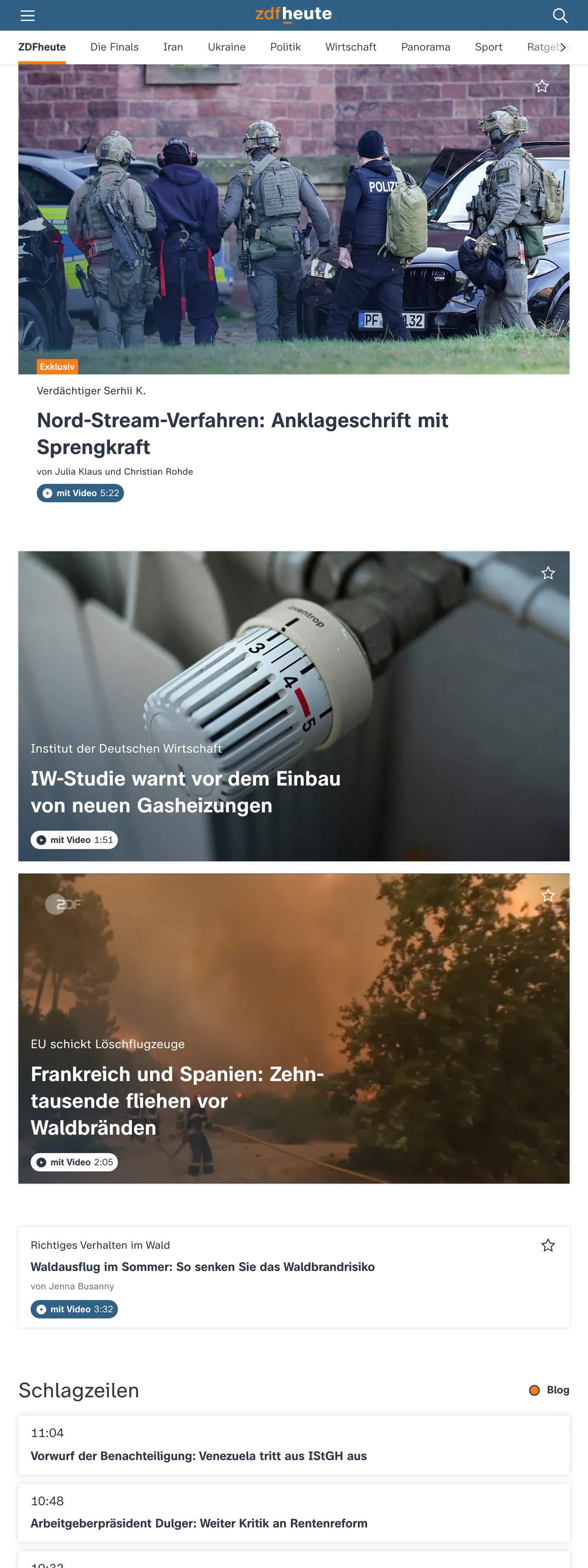 Screenshot of the ZDFheute front page