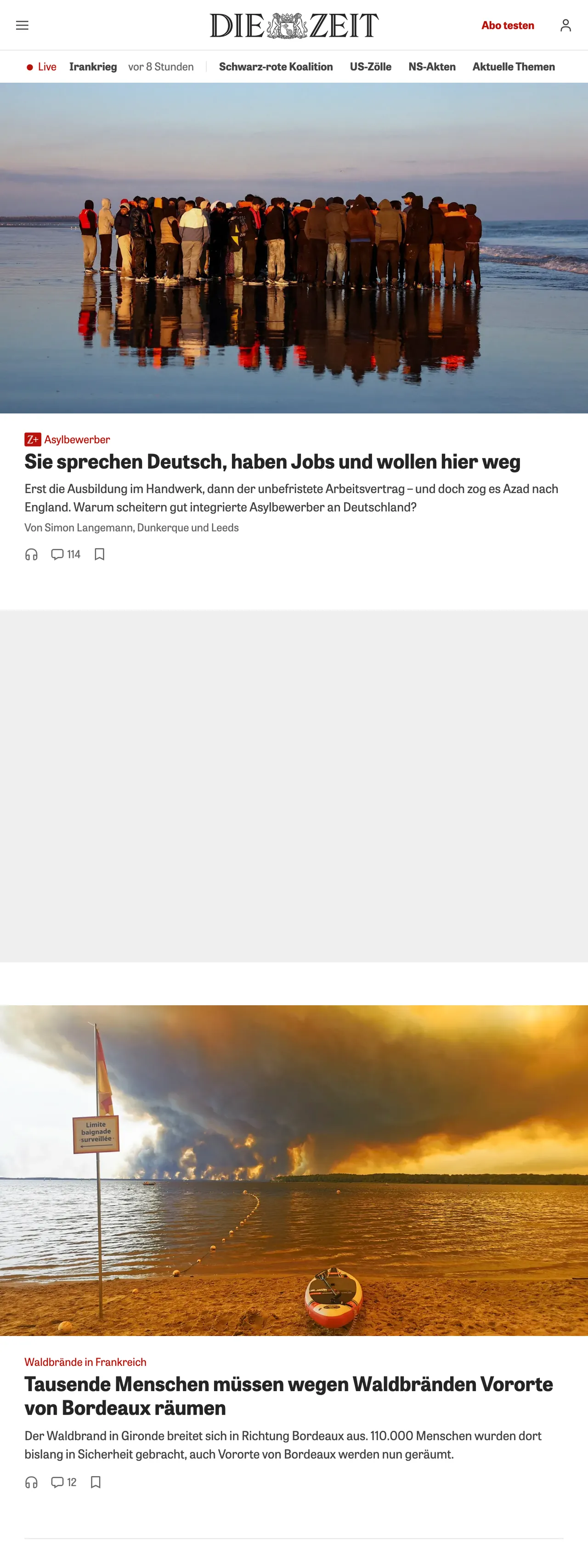 Screenshot of the ZEIT ONLINE front page