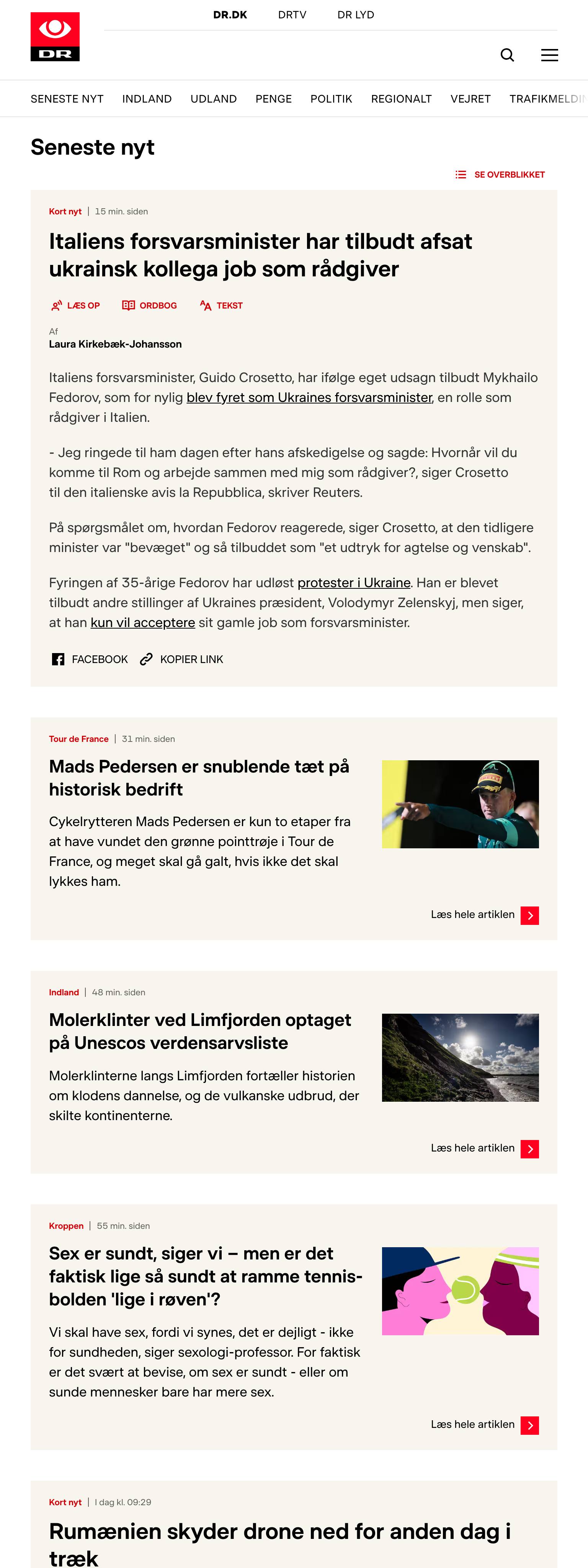 Screenshot of the DR front page