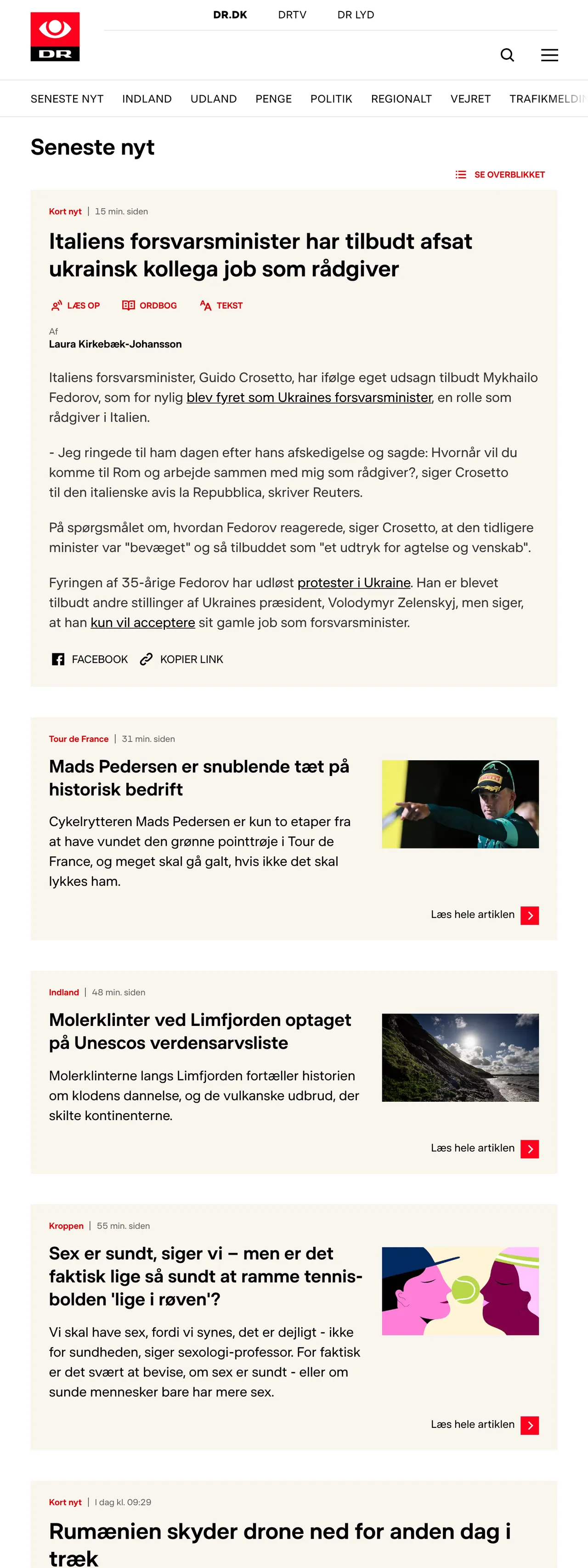 Screenshot of the DR front page