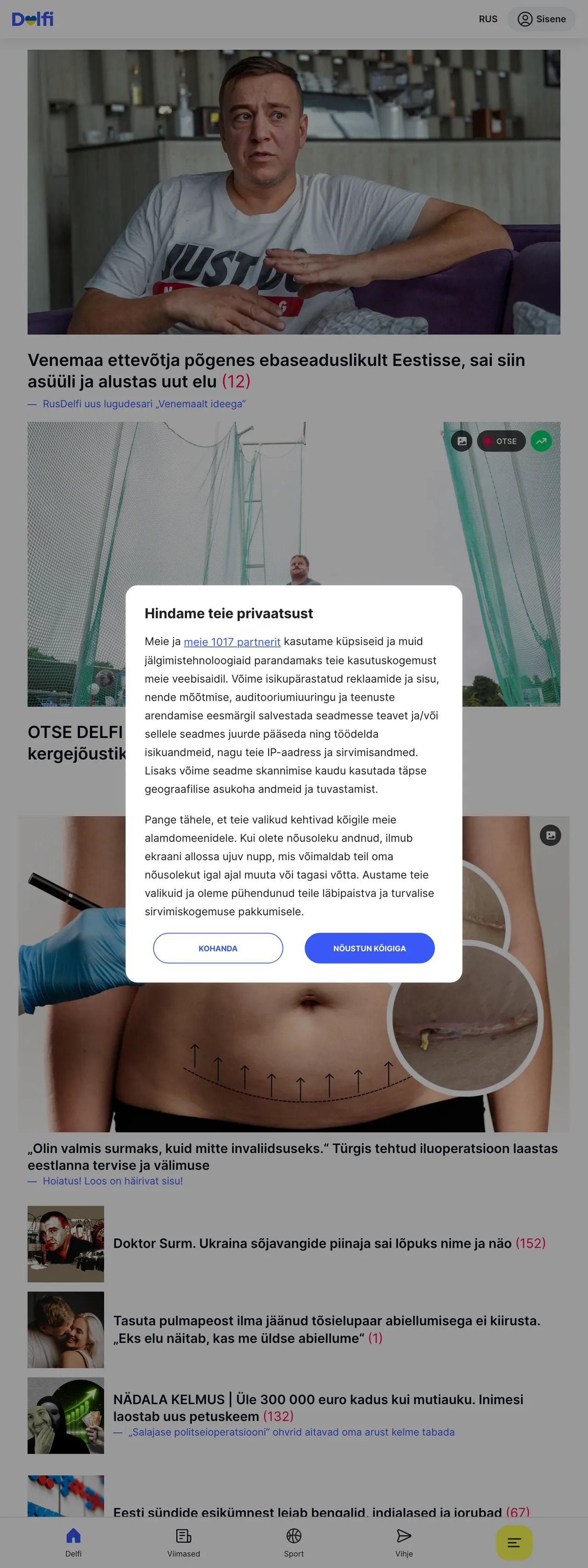 Screenshot of the Delfi front page