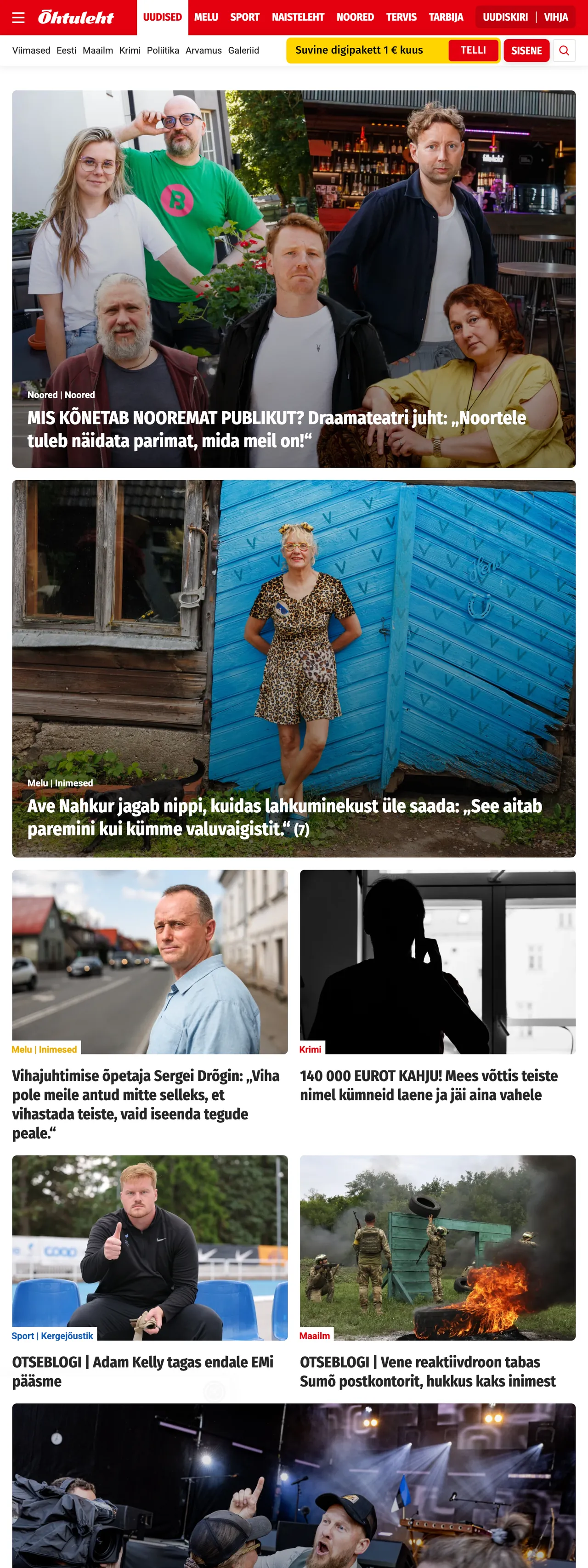 Screenshot of the Õhtuleht front page