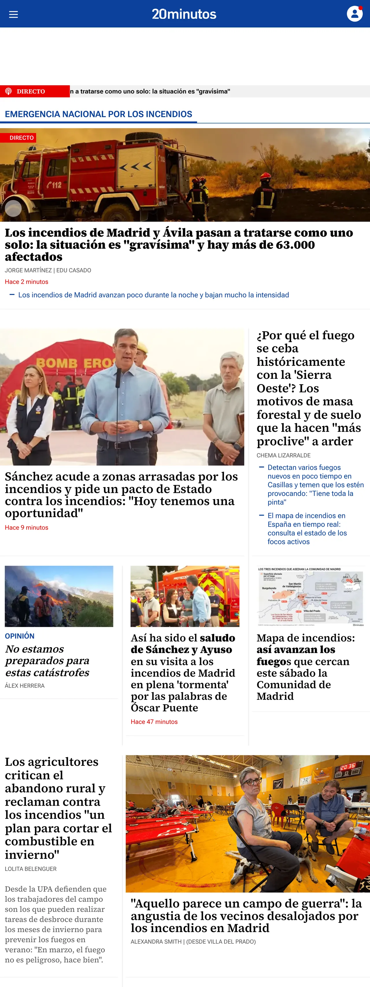 Screenshot of the 20minutos front page