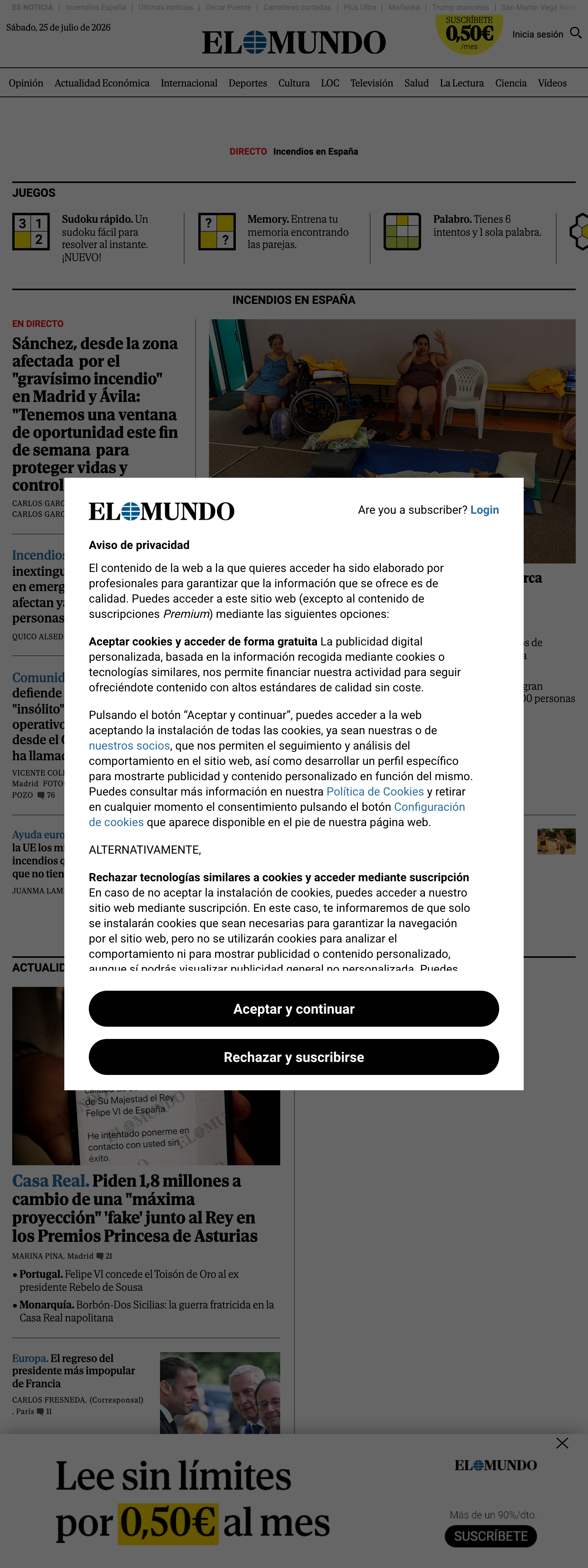 Screenshot of the El Mundo front page