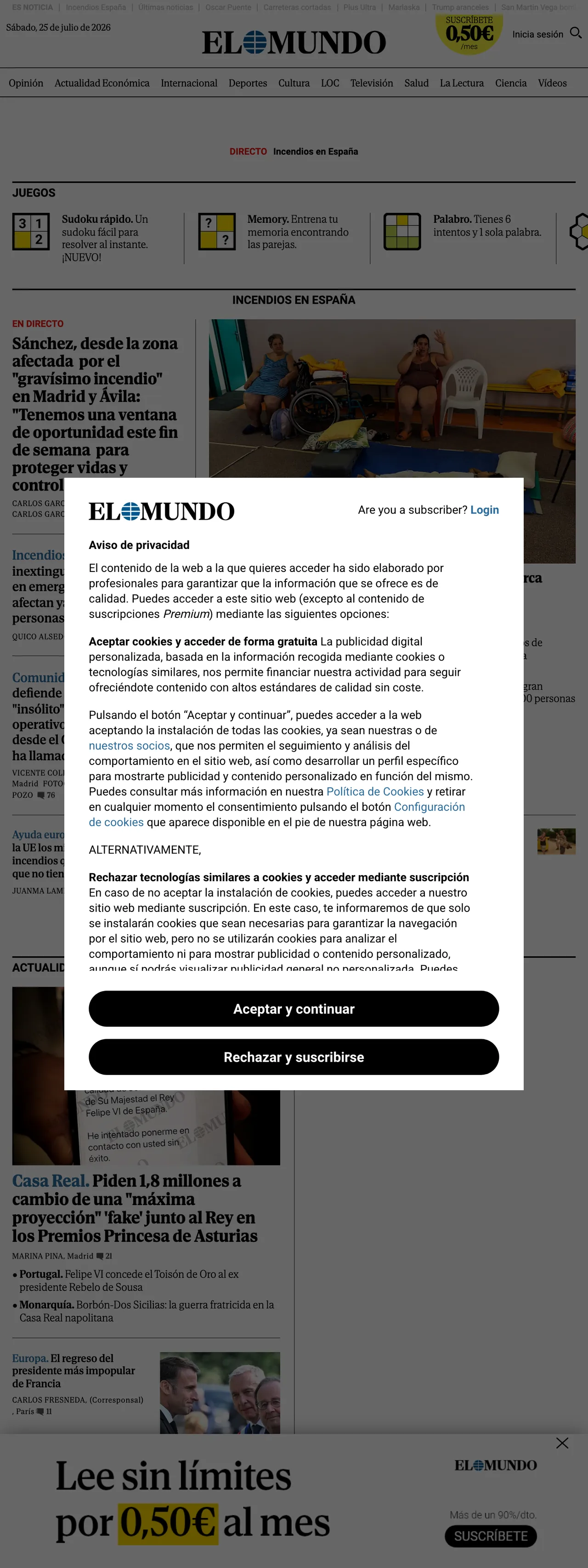 Screenshot of the El Mundo front page