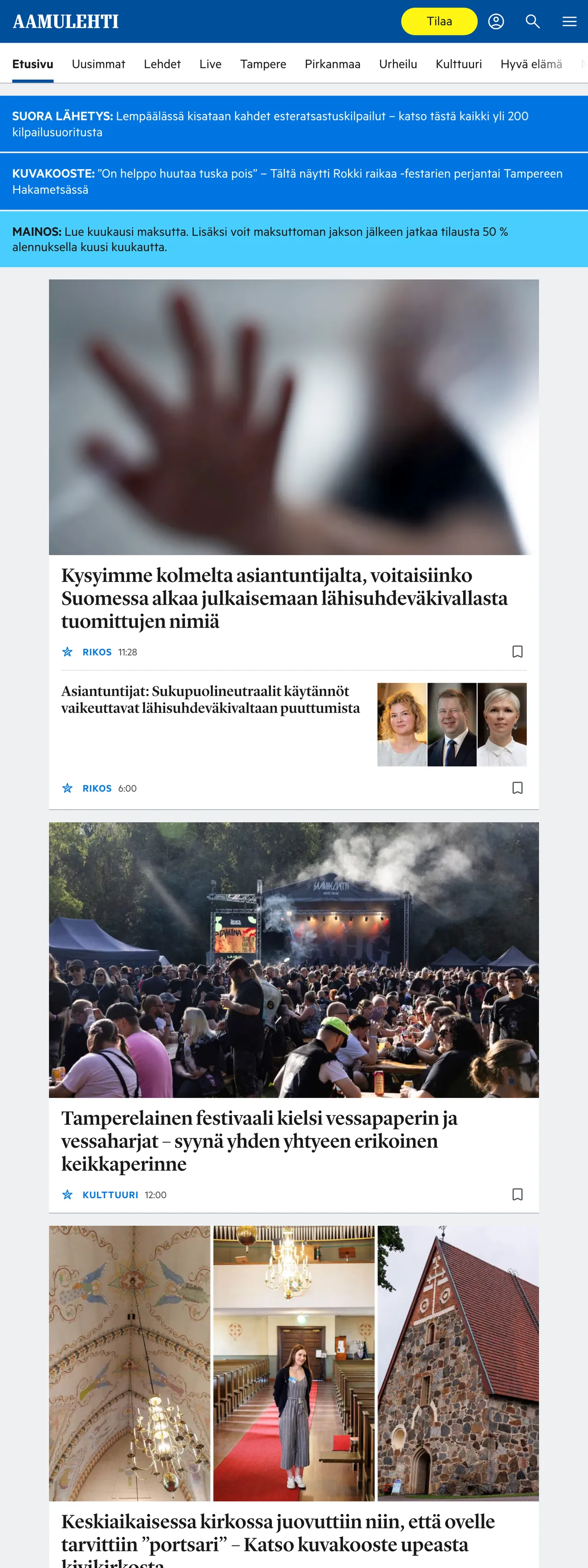 Screenshot of the Aamulehti front page