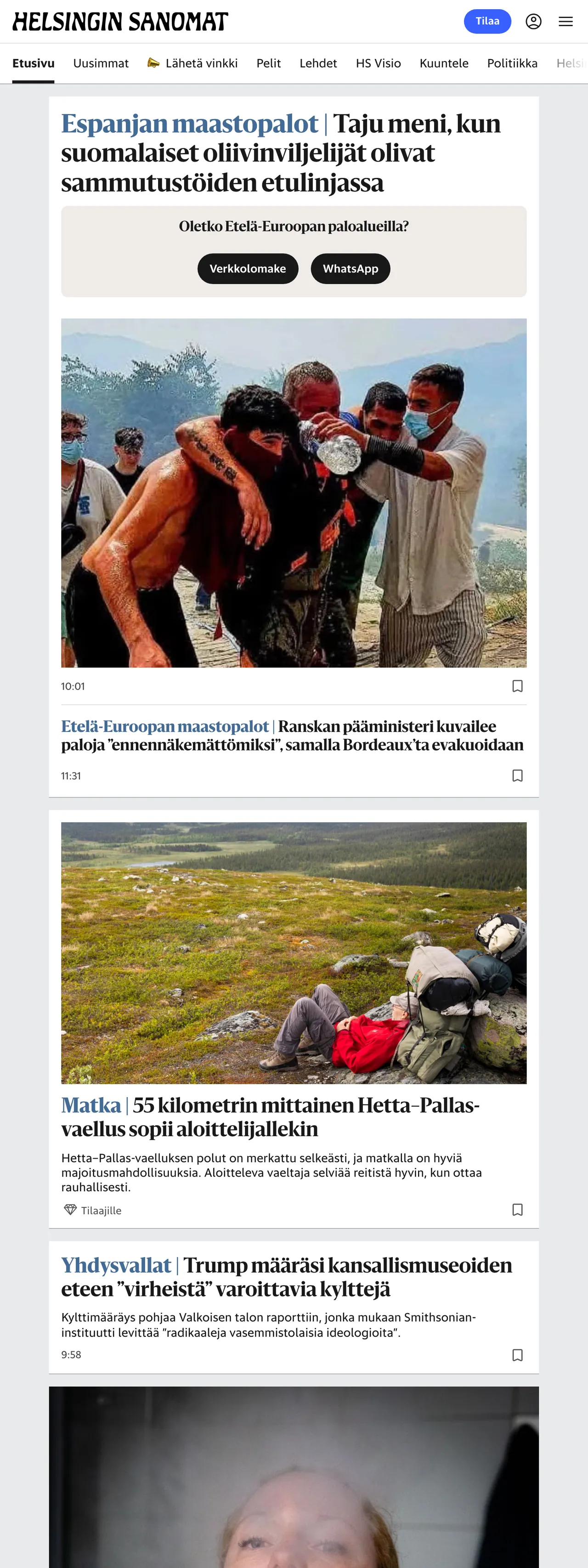 Screenshot of the Helsingin Sanomat front page