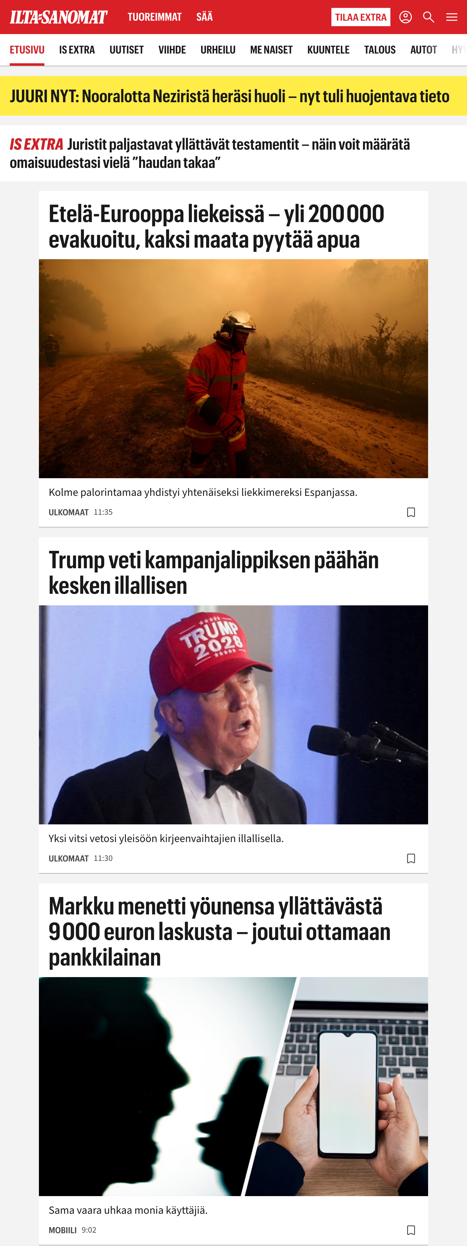 Screenshot of the Ilta-Sanomat front page