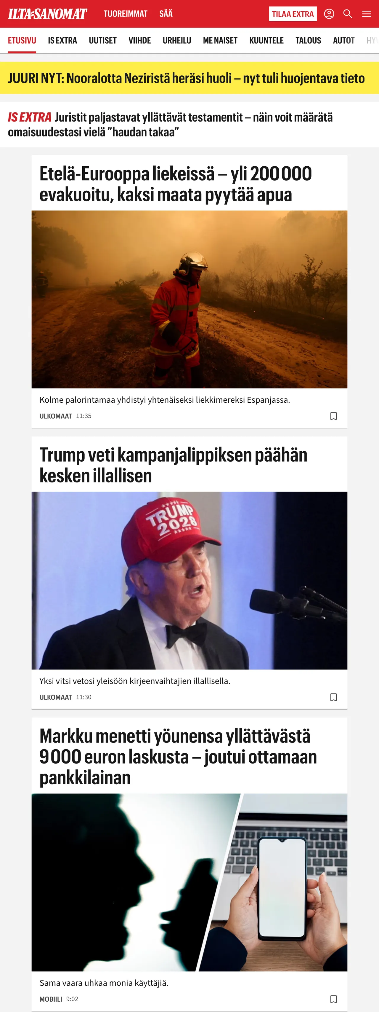 Screenshot of the Ilta-Sanomat front page