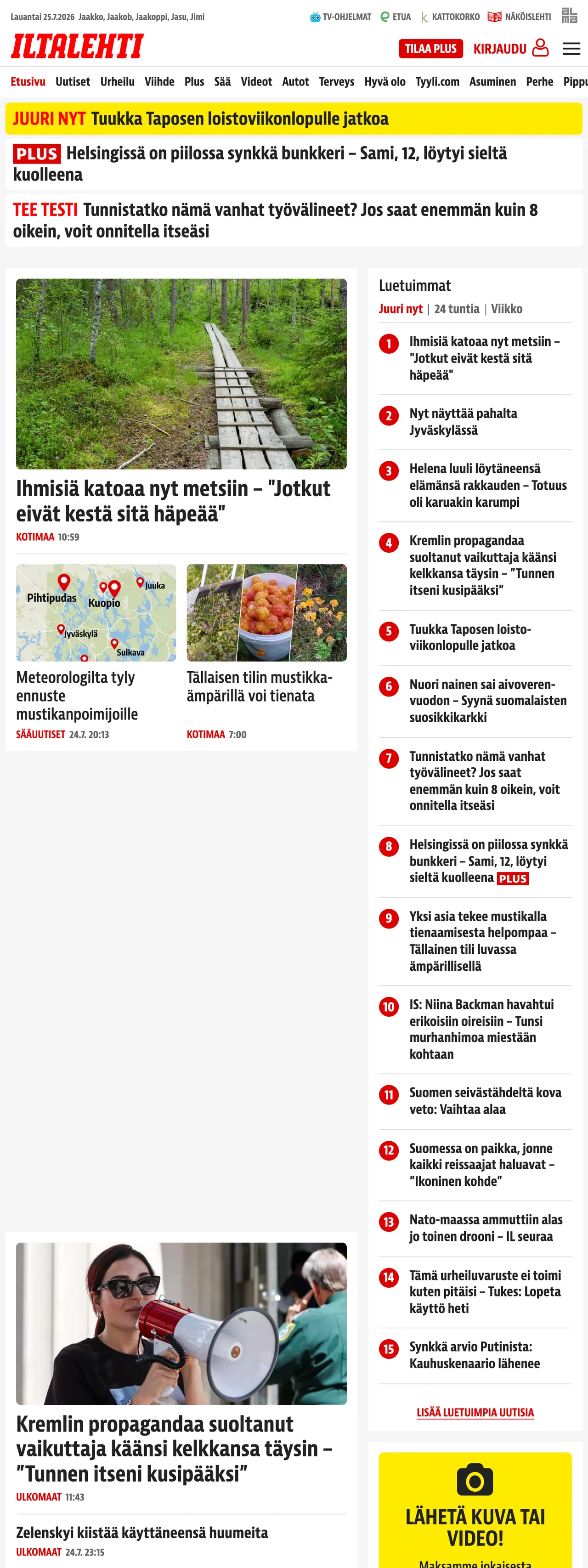 Screenshot of the Iltalehti front page
