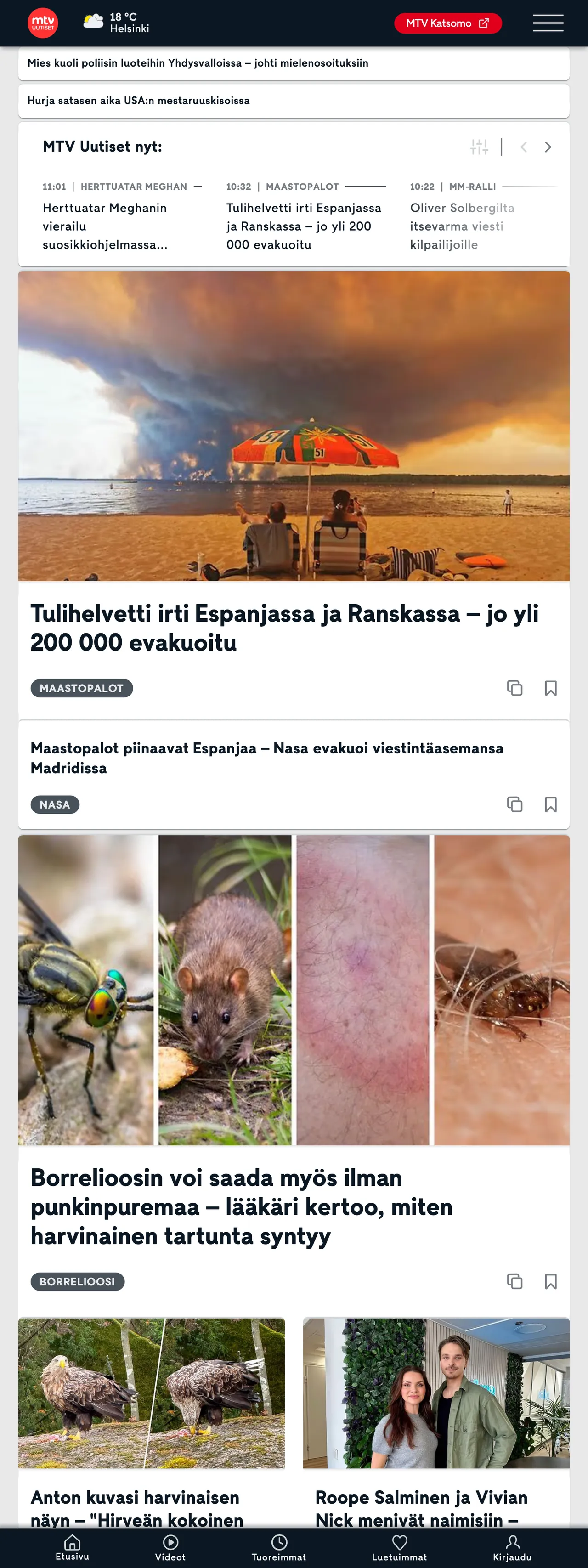 Screenshot of the MTV Uutiset front page